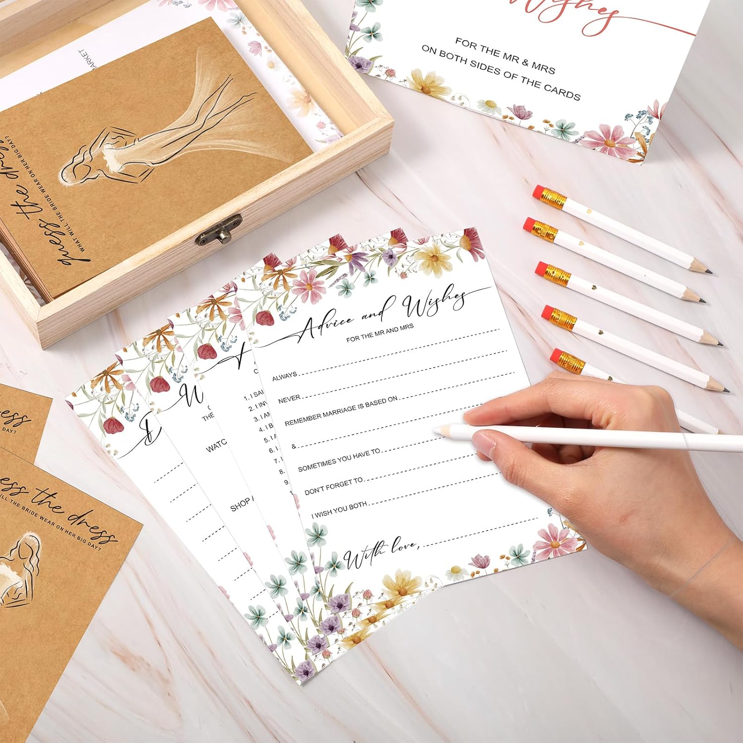 Geyoga Wildflower Bridal Shower Game Set for 30 Guest Include Guess the Dress, He Said She Said, Would She Rather, Advice and Wishes, Wood Box 45 Pencil Bachelorette Wedding Party Game Double Sided