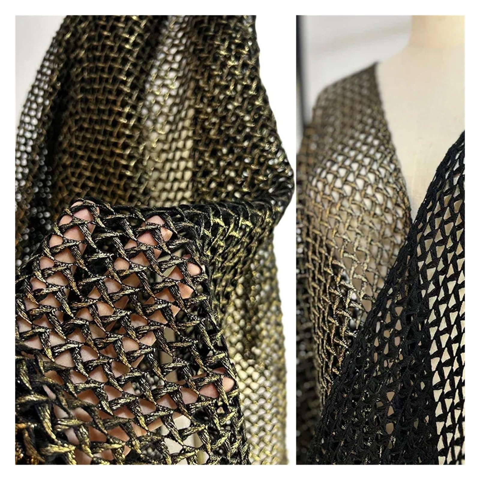 Tela De Malla Tejido de punto malla entretejido con textura 3D | For blusa suéter chal diseñador de ropa de moda(Black-Gold)