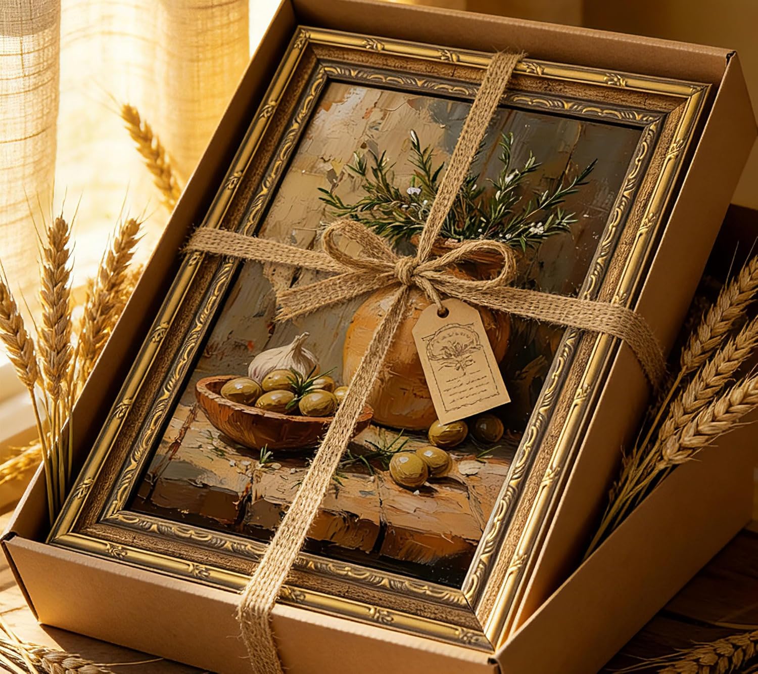 Vintage Gold Framed Canvas Wall Art Rustic Farmhouse Style Painting Picture Wall Decor Vintage Countryside Olive Still Life Oil Painting Poster Print Artwork for Restaurant Kitchen Home Decoration