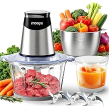 Food Processor Electric Food Chopper with Meat Grinder & Vegetable Chopper - 3 Bowls8Cup+8Cup+3Cup with Powerful Copper Motor - Includes 3 Sets of Bi-Level Blades for Fruits/Meat/Nuts