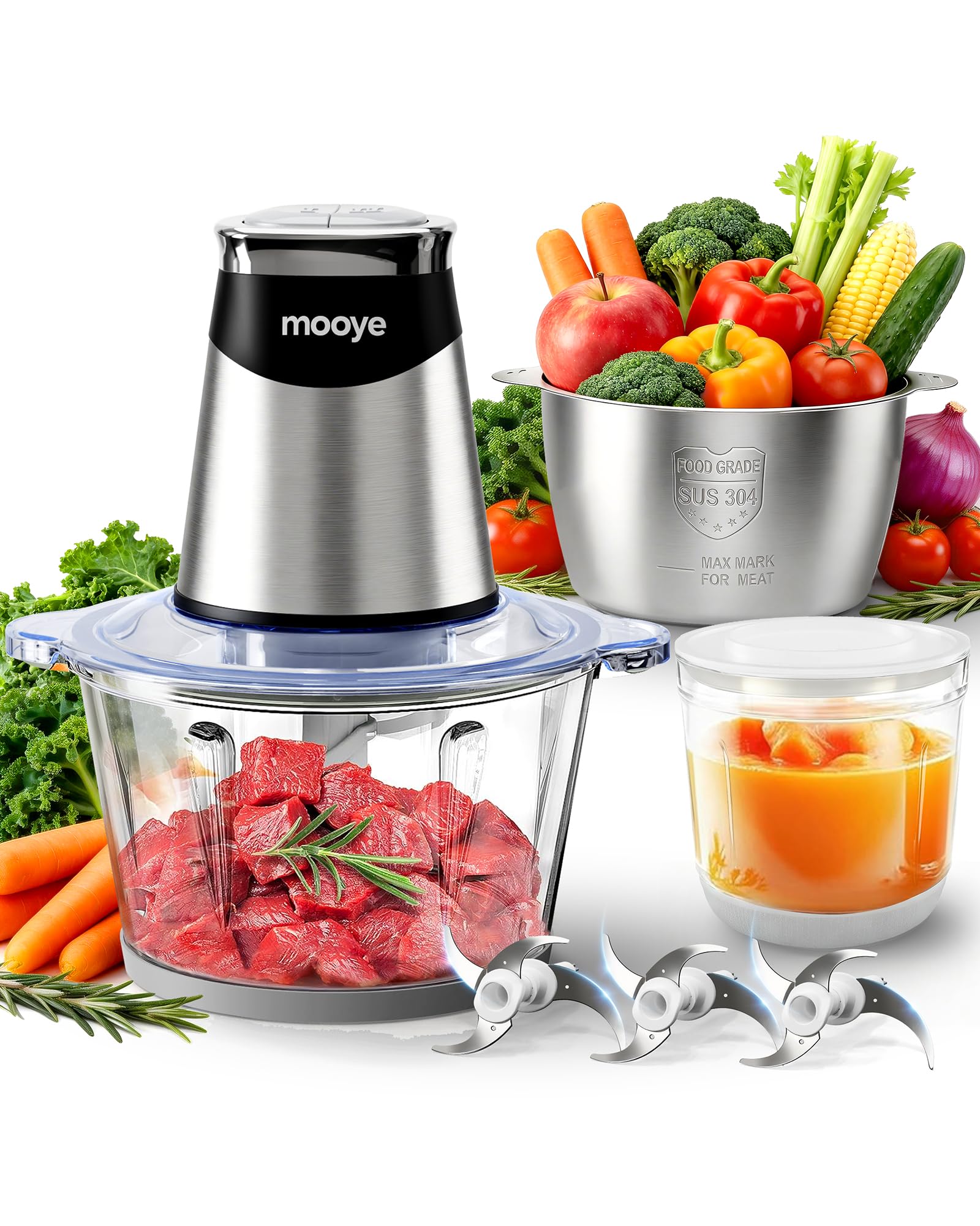 Mooye Food Processor with 3 Bowls