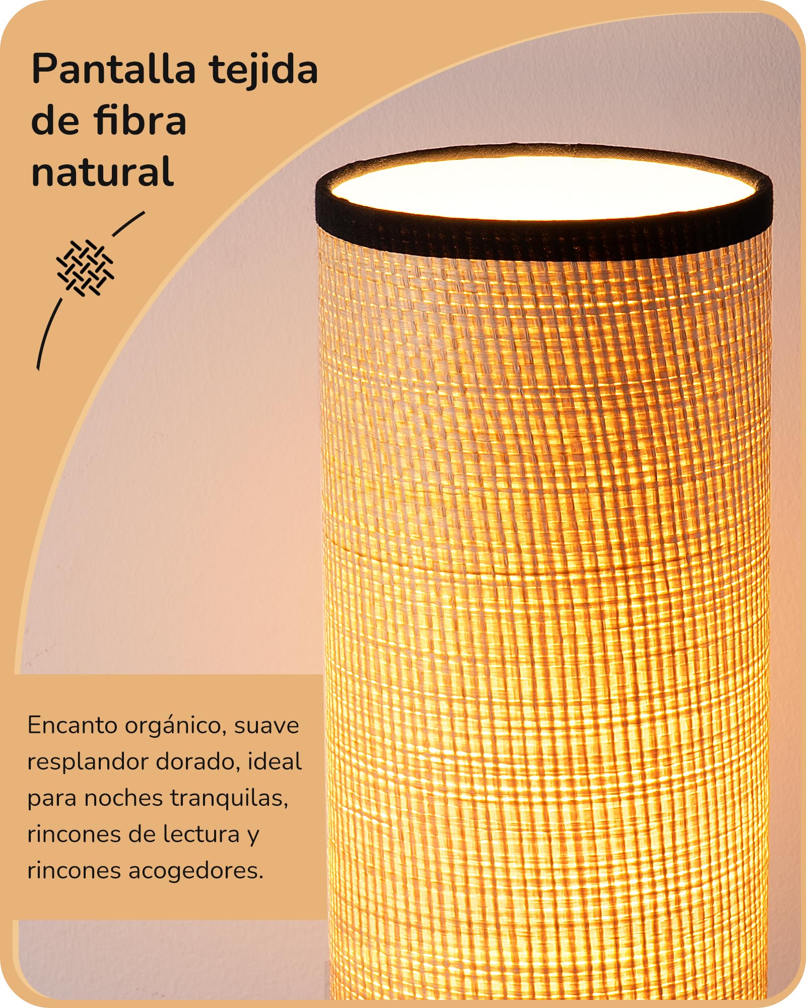 EDISHINE Lámpara de Pie para Salón, Lámpara Moderna Negra con Pantalla de Cuerda Trenzada y Base de Mármol, Casquillo E27 Incluido con Bombilla LED 6W, Luz Cálida 2700K para Dormitorio, Pasillo