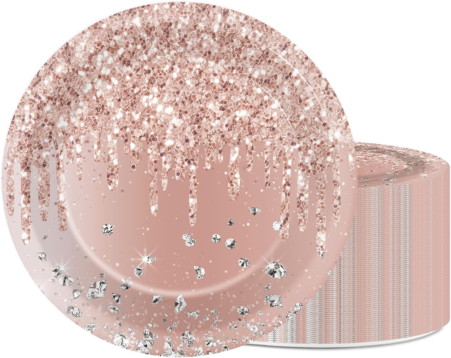 ZOIIWA 48 PCS Rose Gold Birthday Plates Pink Rose Gold Paper Dinner Dessert Plates for Girls Women Diamond Theme Party Pink Rose Birthday Anniversary Wedding Party Decorations Supplies (7 * 7inch)
