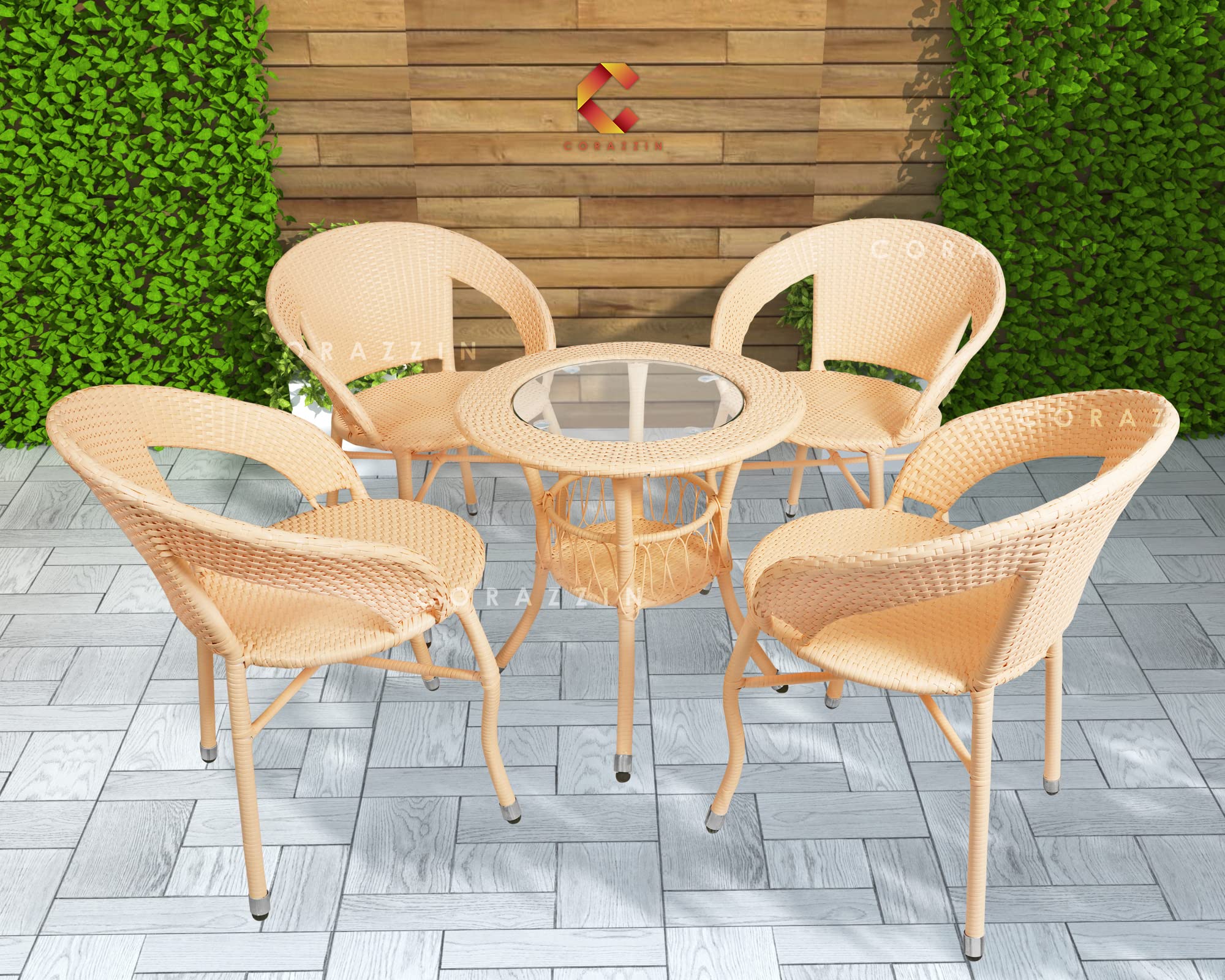 Patio Seating Chair And Table Set Garden Coffee Table Set With 1 Table And 4 Chairs Set Outdoor Furniture (Cream) - Rattan