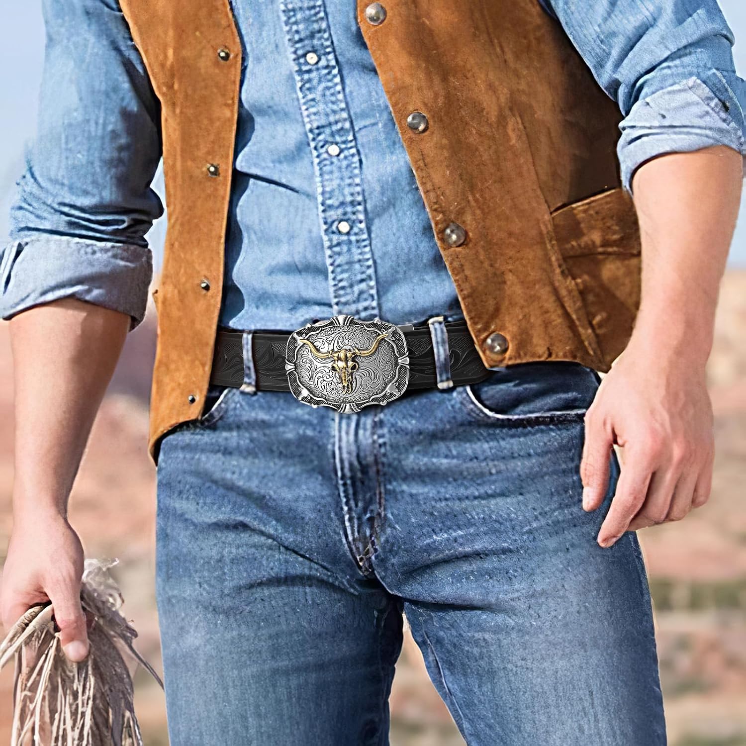 SANSTHS Ratchet Cowboy Belt, Western Ratchet Belts for Men with Automatic Cowboy Buckle
