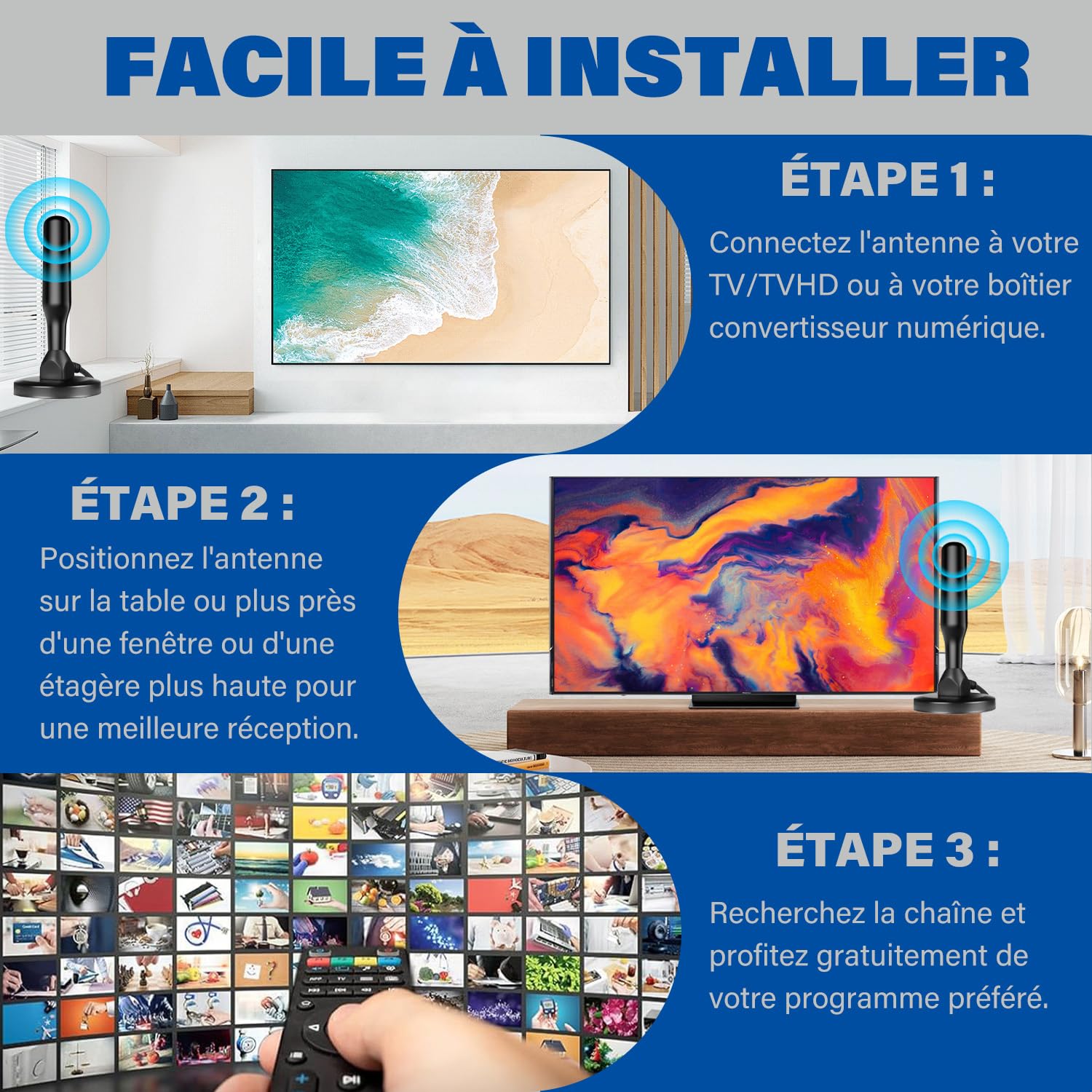 Antenne TV Intérieur Puissante, Nouveau pour 2026 Antenne TNT HD avec Amplificateur de Signal Intelligent, Réception 360° Longue Portée 500km, Support 4K HD/1080P Les Chaînes Gratuites per HDTV