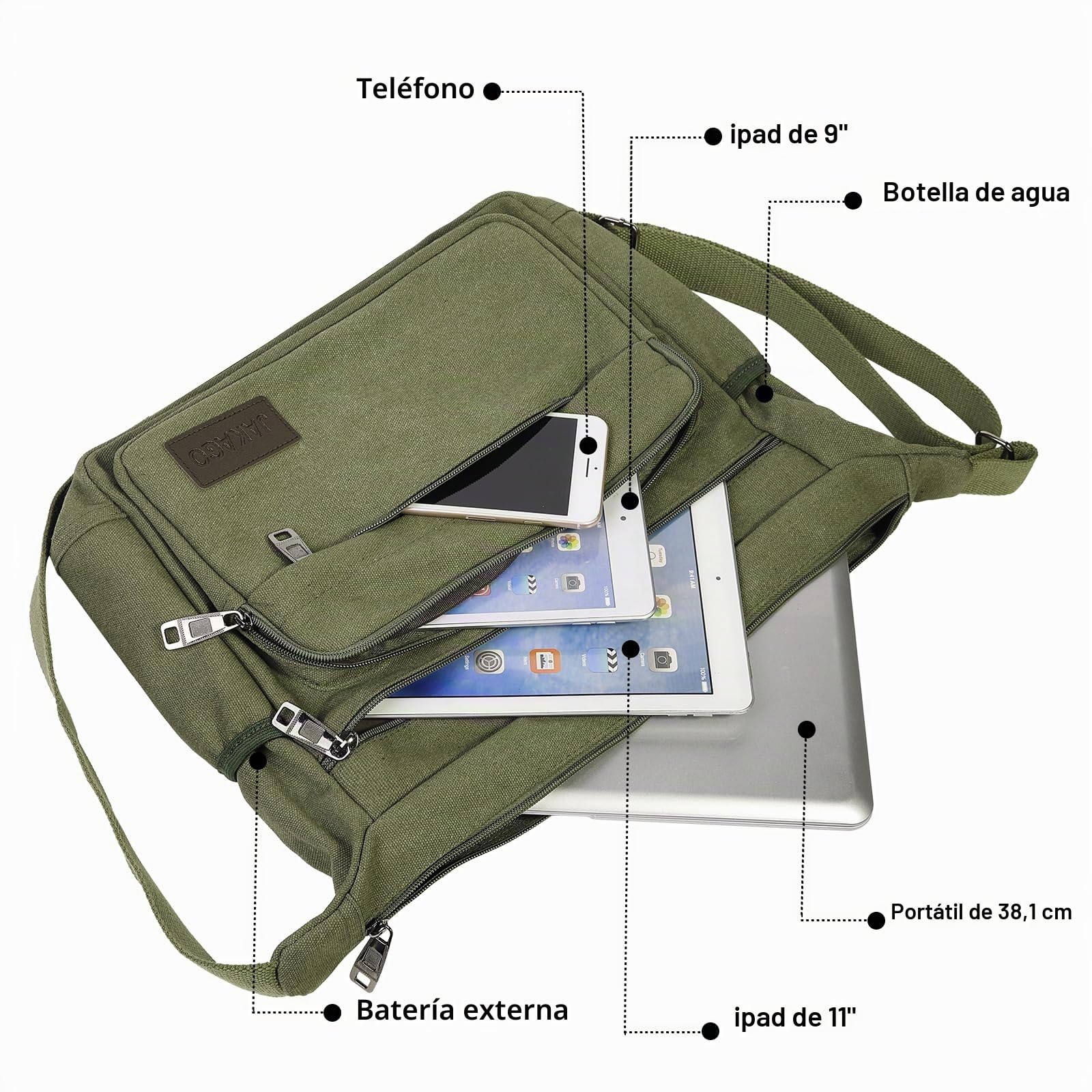 JAKAGO Bolsa de mensajero de lona para hombres/mujeres, bolsa de hombro con múltiples bolsillos para viajes escolares, pesca al aire libre, camping, trabajo, uso diario