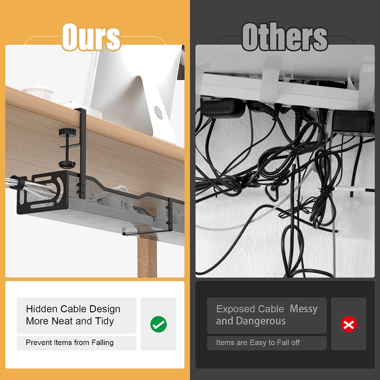 Bandeja de gestión de cables, juego de 2 piezas, cesta organizadora de alambre sin taladro para escritorio, almacenamiento de cables de extensión con clips sin tornillos, ideal para el hogar, oficina