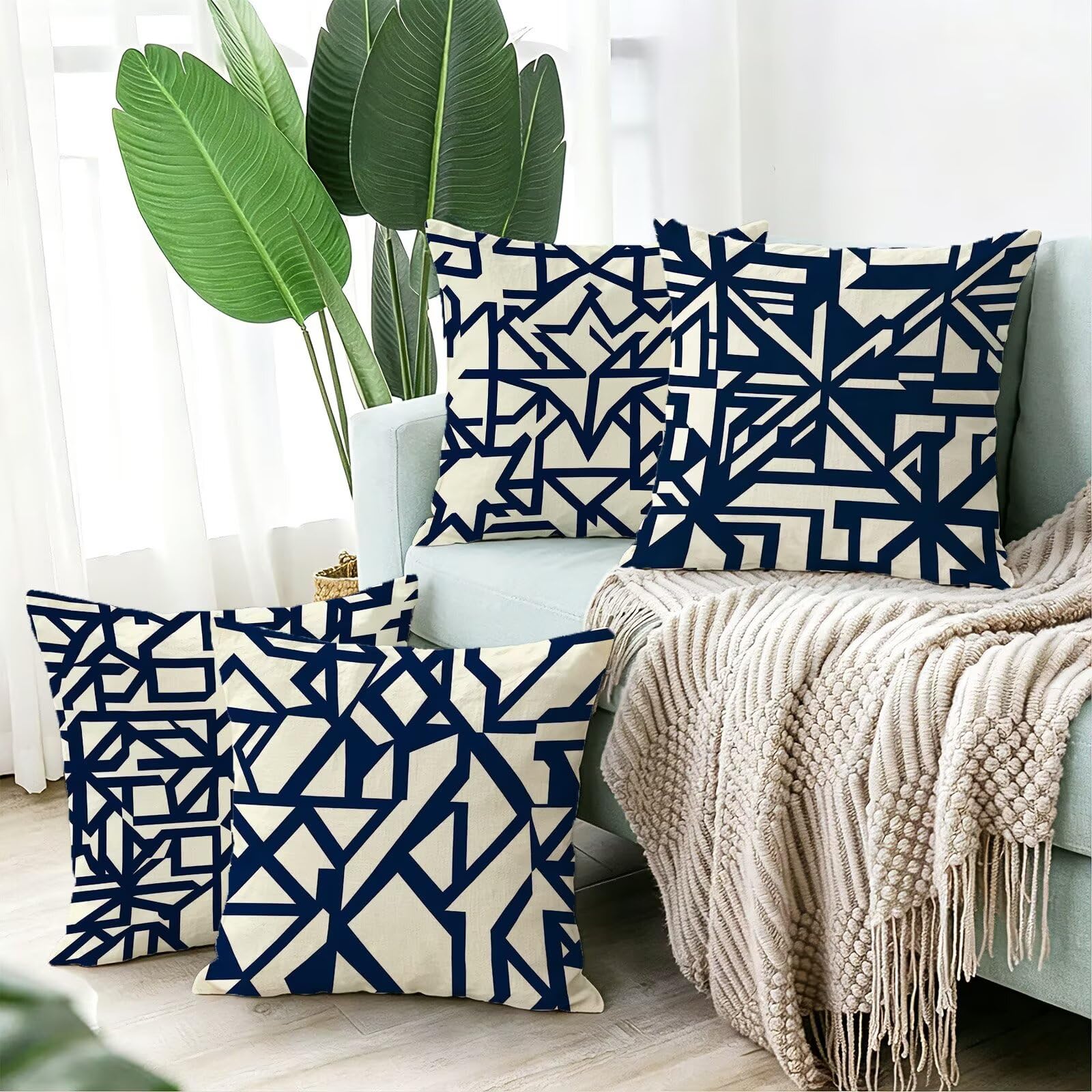 Blu Federe Cuscini Divano 60x60cm, Cuscini da Esterno Set de 4, Cod-114 | Lin Copricuscini Decorativi Letto Arredo, per Letto, Soggiorno, Giardino, Esterno, Casa Decorazione Set di 4 Linea
