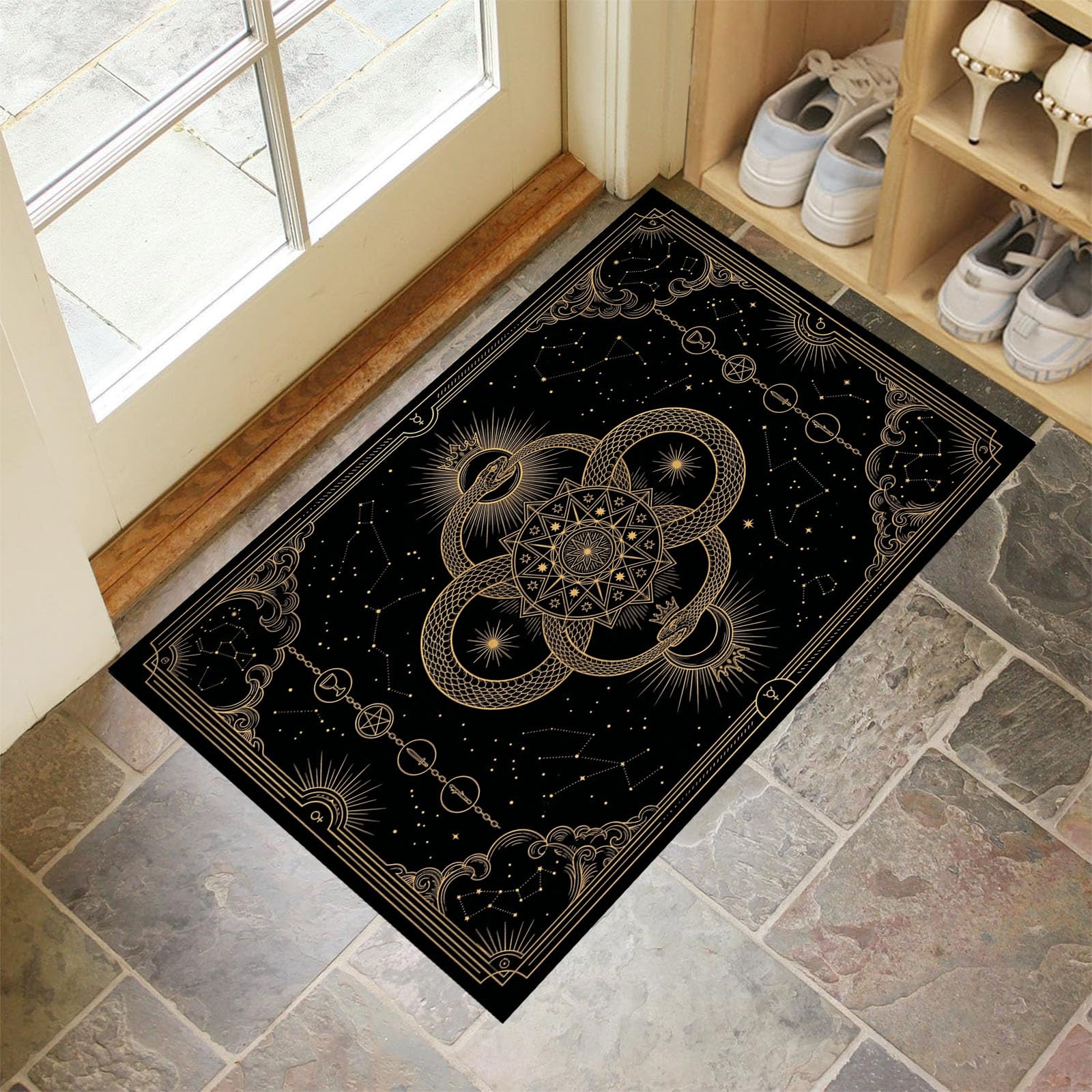 Felpudo Ultrafino Para Interiores,90X150Cm,Constelaciones Animales Misteriosas Alfombra Antideslizante Lavable Para Entrada,Tarot Cielo Estrellado Retro Felpudo De Perfil Bajo,Atrapa Suciedad,Negro