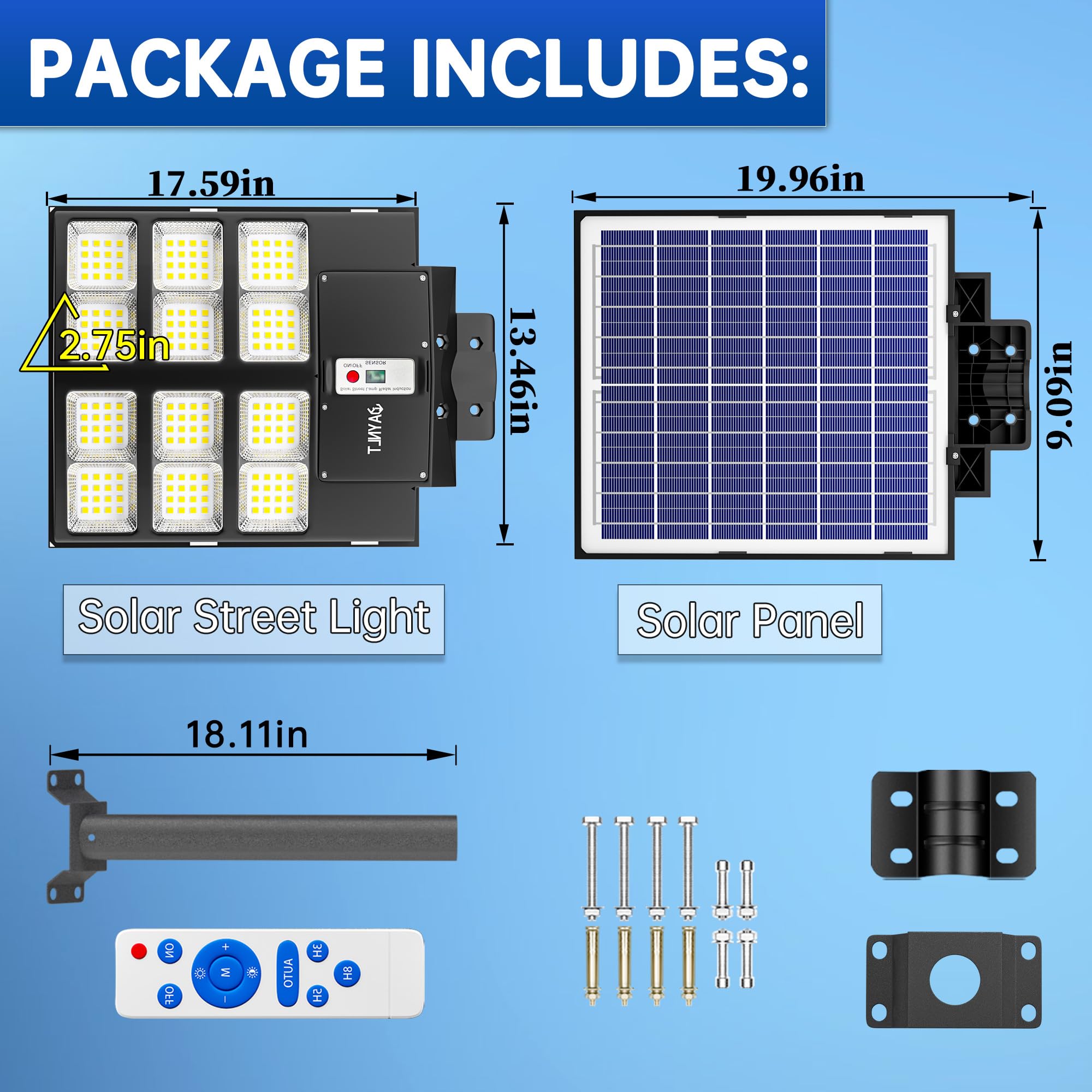 JAYNLT Y-2000W Farolas Solares Exterior, 60000LM 6500K Farola Solar Potente con Sensor de Movimiento, IP67 Impermeables Foco Solar Exterior para Patio, Calzadas, Calle