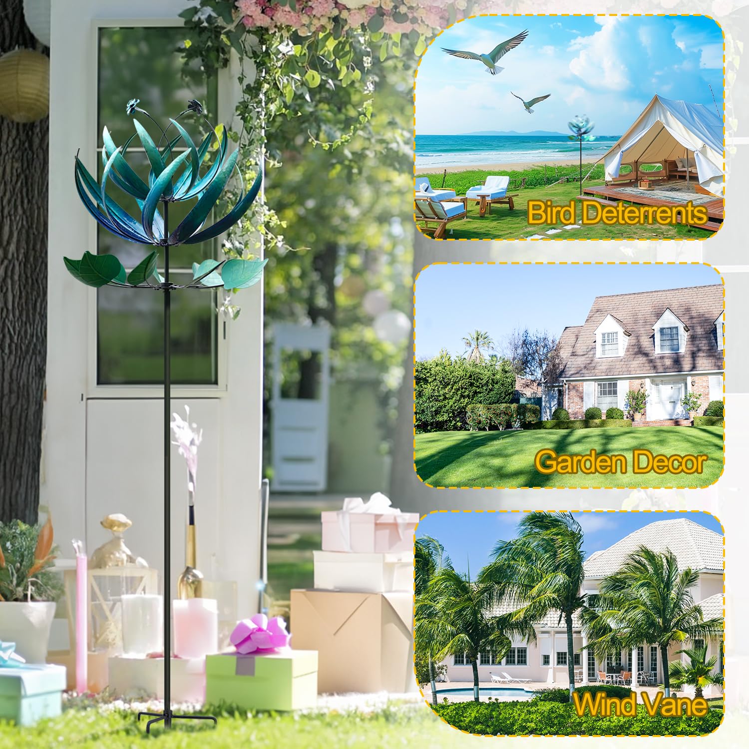 LimeHill Molinillo de viento para patio y jardín, grandes molinillos de viento de metal para decoraciones al aire libre (loto azul (24 x 84 pulgadas)