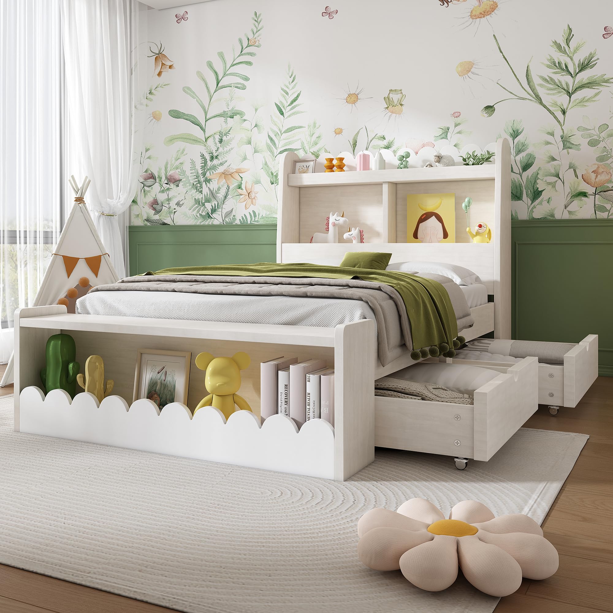 LAKFEW Cama 90x190 cm Camas Infantiles con Banco de Almacenaje y 2 Cajones, Cama Individual Camas Juveniles con Almacenamiento en Cabecero, Estructura de Madera, Blanco+Roble Claro, Sin Colchón