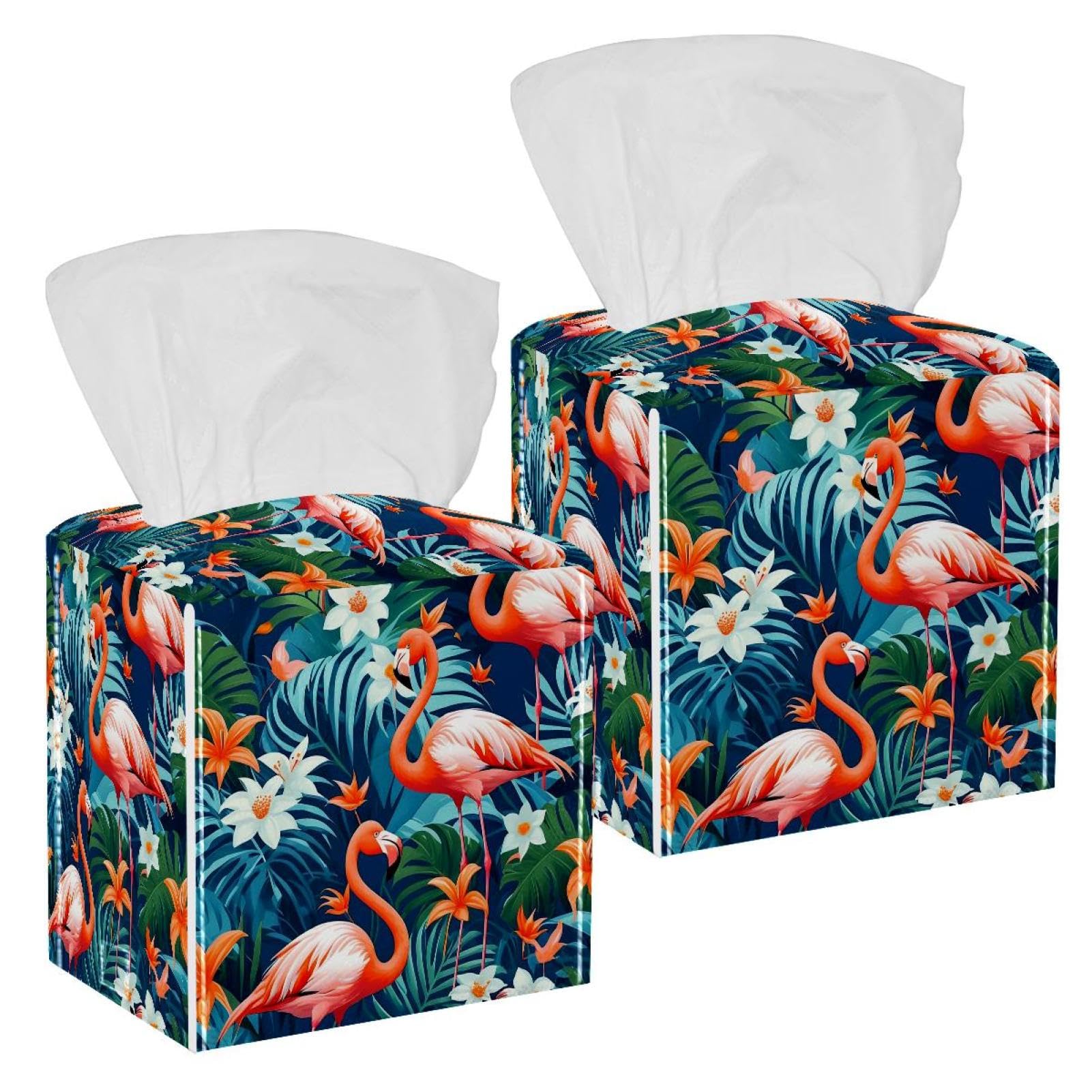 Flamingo Tissue Box Cover, 2 Pack PU Leather Square Facial Tissue Dispenser Box holder for Home Office Car