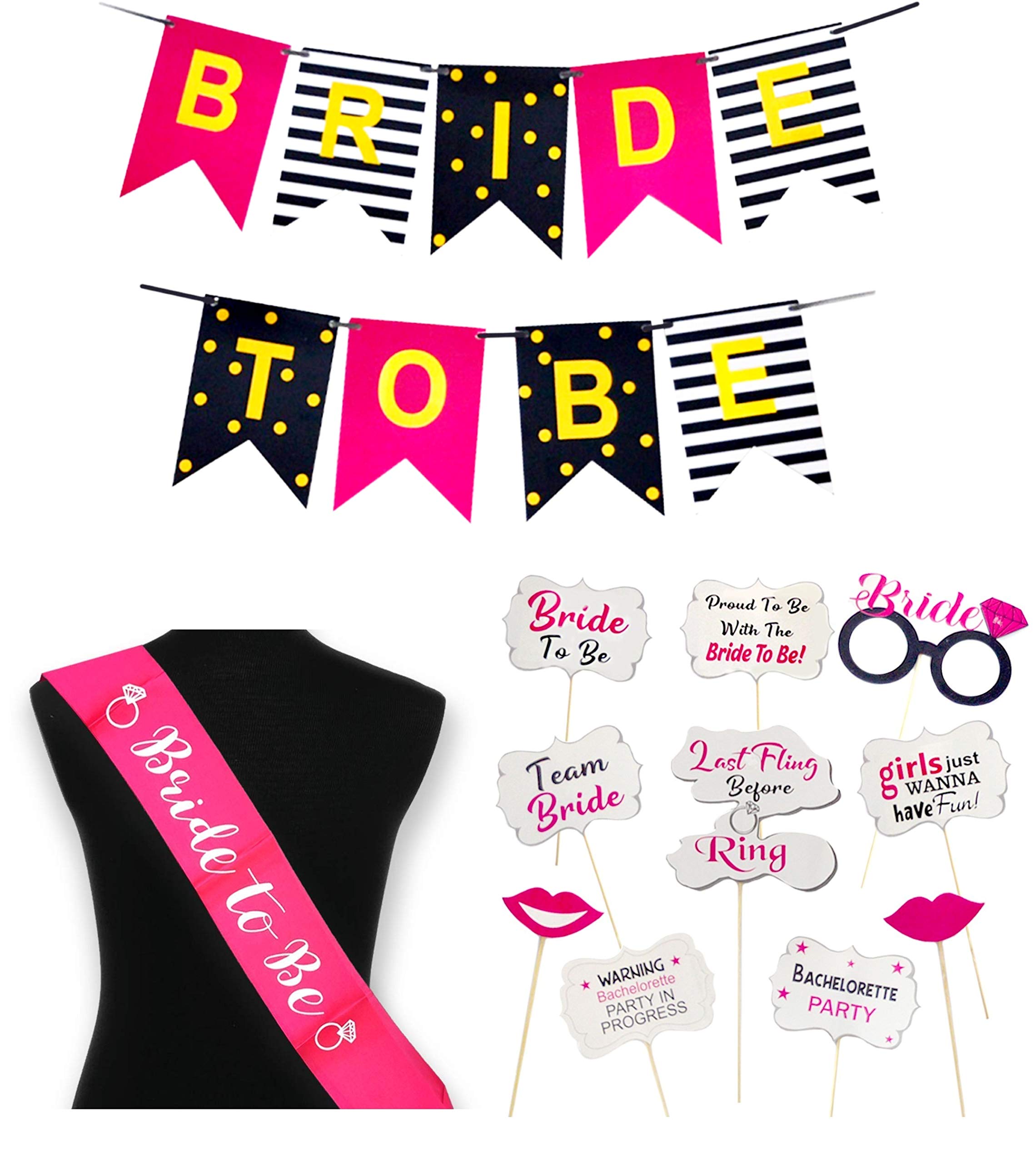 GRAND SHOP Bride to Be Banner with Sash and Props (Set of 12 Pcs)