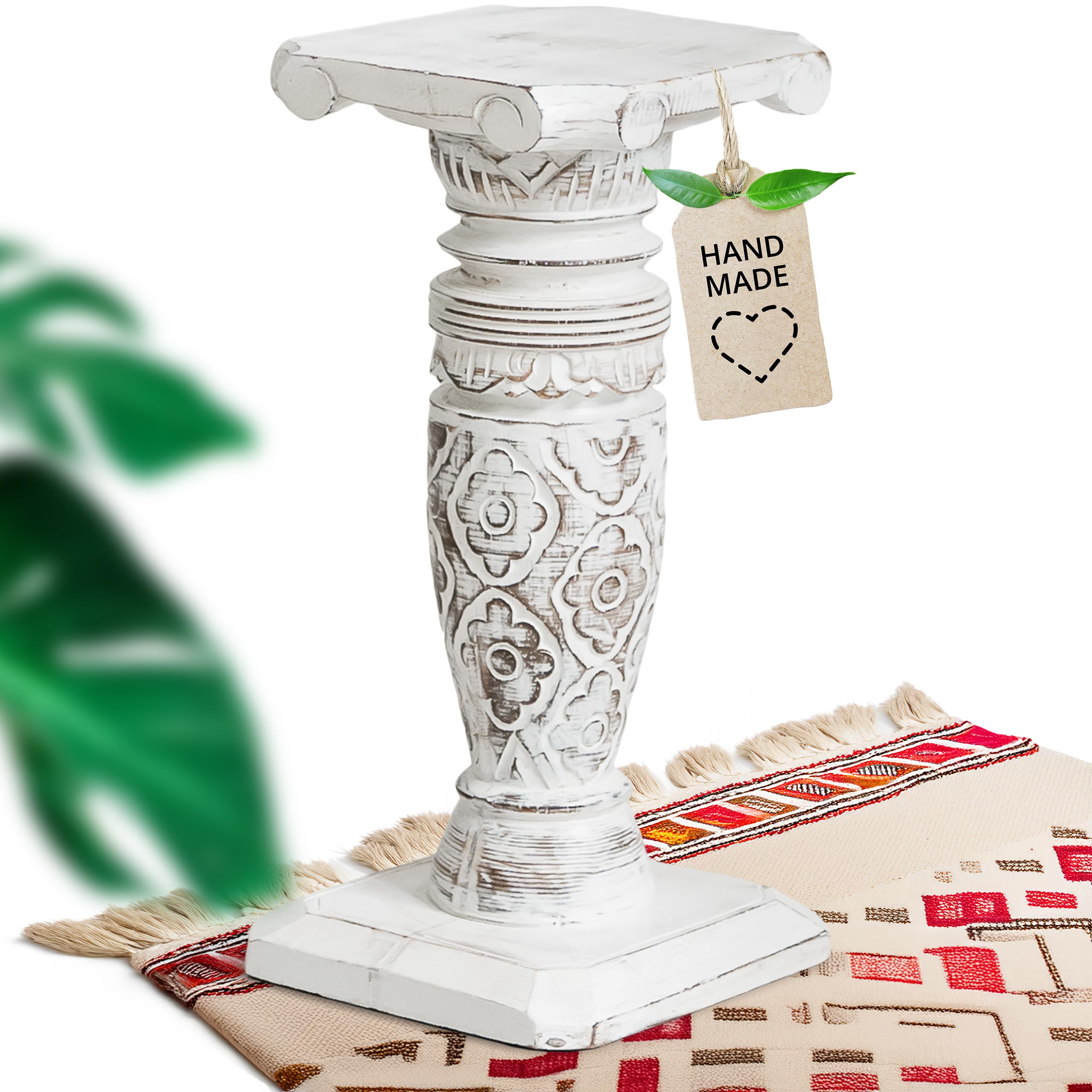 livasia edle Blumensäule Holz im Antik-Look – 40cm – Dekosäule aus Albiziaholz, Handgefertigt, Nachhaltig und Einzigartig aus Bali, Perfekt für Wohnzimmer, Flur oder Garten (Weiß)