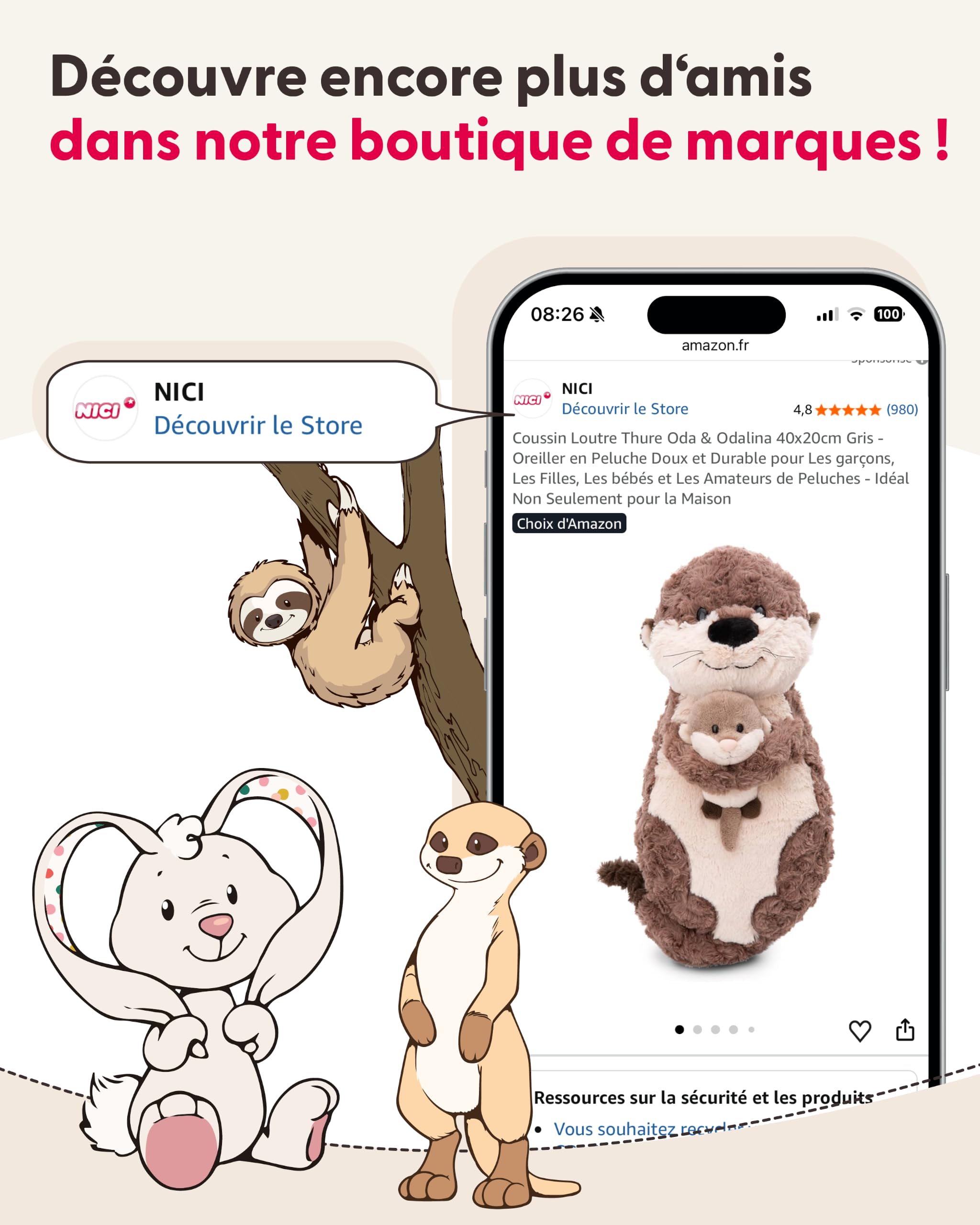 NICI OSRAM 62335 Coussin Motif « Lapino, Le Lapin », 43 x 25 cm, Marron, Moelleux, pour Garçons, Filles, Bébés Et Amateurs De Doudous, Idéal pour La Maison, La Maternelle Ou Les Déplacements