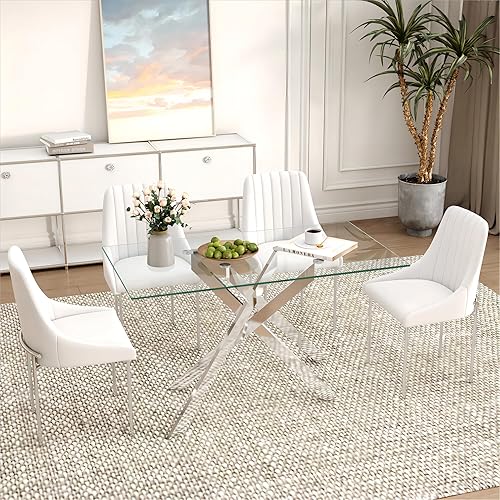 Miniatura 3 de Mesa de comedor rectangular de vidrio de 51.18 pulgadas, pestaña de cocina de vidrio templado con patas de metal, mesa de comedor elegante y