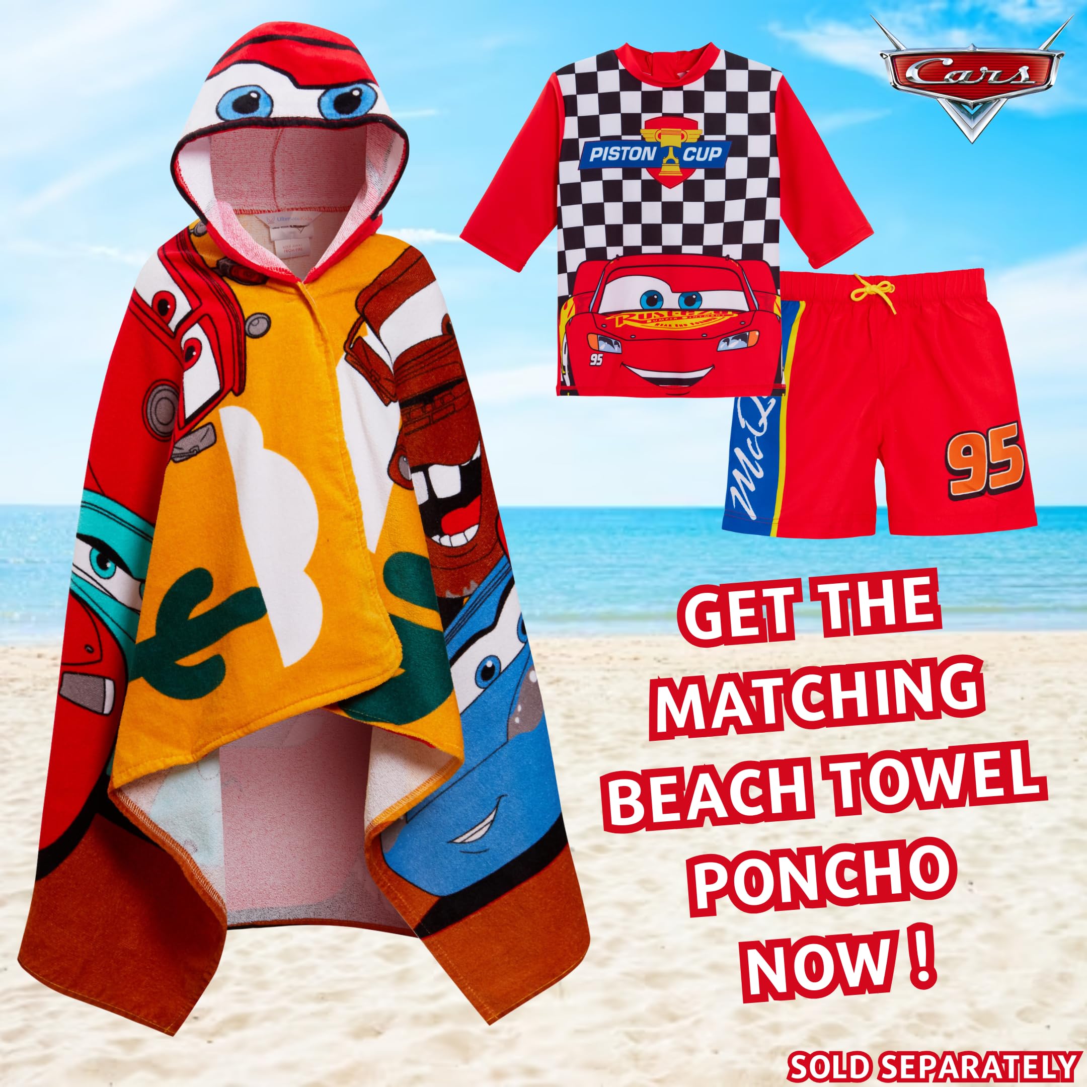 Szorty kąpielowe chłopięce Cars + Rash Vest Lighting McQueen, 2-częściowy zestaw kąpielowy dla dzieci, do surfowania + szorty, zestaw do pływania