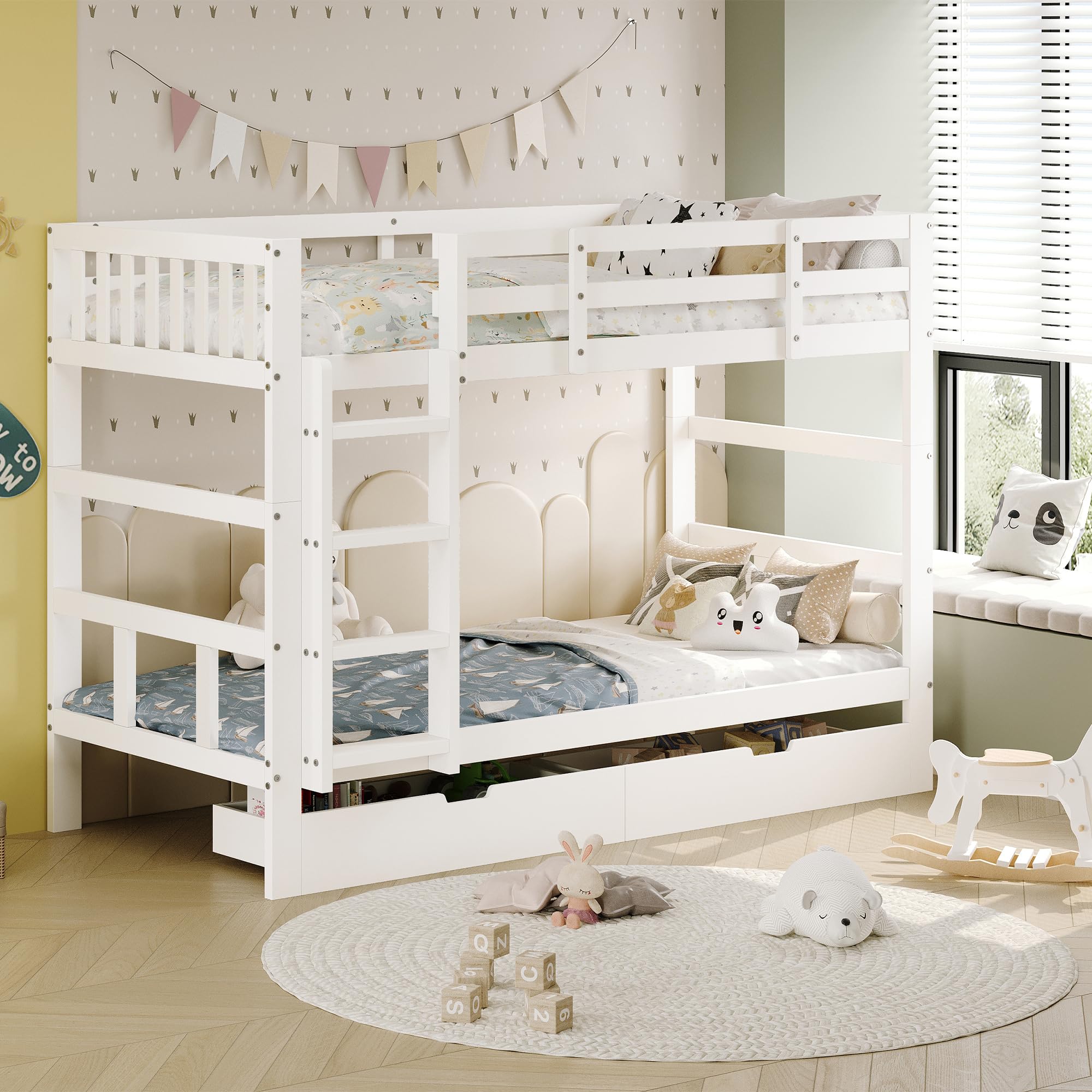 Hochbett Kinder 90x200, Etagenbett Kinderbett, Hochbett Stockbett mit Rausfallschutz und 2 Schubladen, Funktionsbett Jugendbett mit Lattenrost, umbaubar in Zwei Kinderbetten