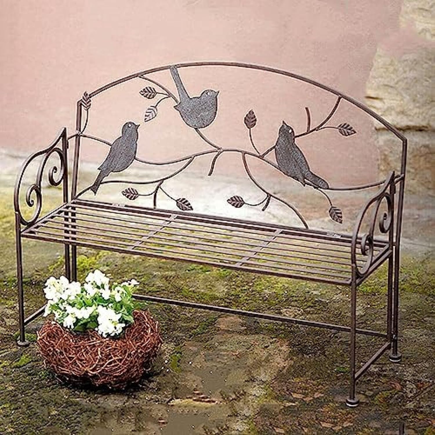 Banco de jardín de hierro forjado vintage con diseño de pájaro y estructura de metal resistente