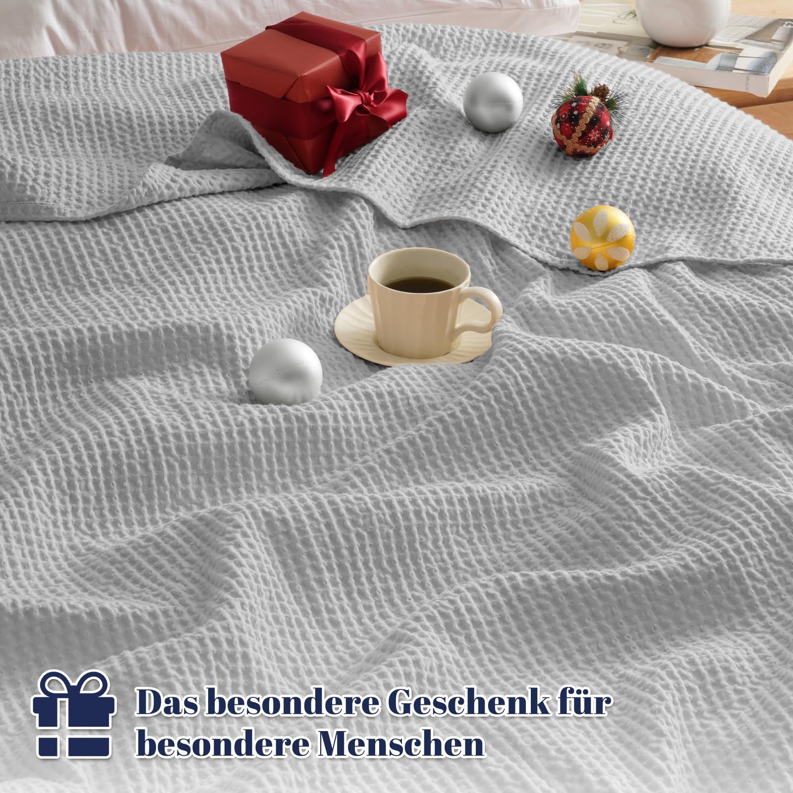 PHF Deken van 100% katoen, wafelstructuur, tweepersoonsformaat, 150 x 200 cm, voorgewassen, licht, ademend, voor zomer, Oeko-Tex-gecertificeerd, voor bed, bank, huisdecoratie, antracietgrijs
