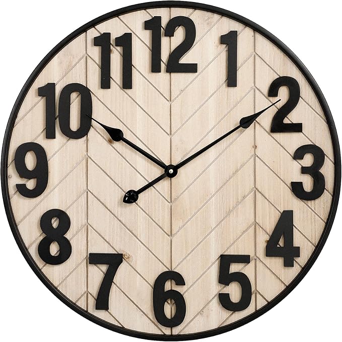 24 Inch Large Wall Clock, Rustic Wooden Farmhouse Wall Clock with Black Metal Frame, Battery Operated Non-Ticking Silent Wall Clocks for Living Room, Kitchen, Bedroom (Whitewashed)