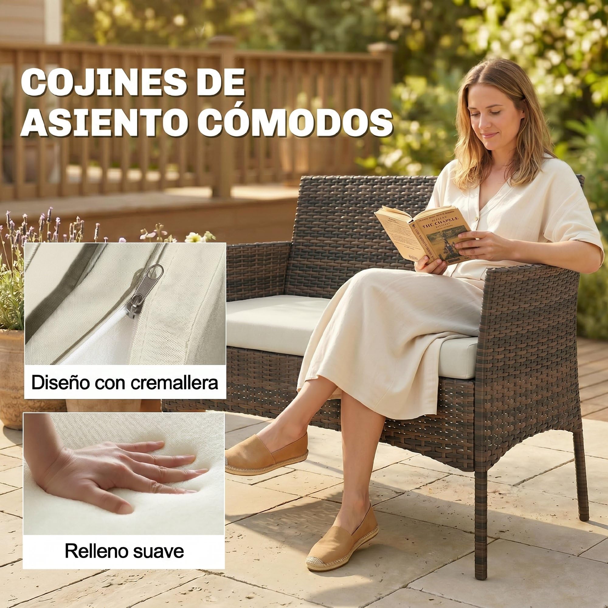 Outsunny Conjunto Jardín Exterior de Ratán con Cojines Conjunto Terraza Resistente a la Intemperie Muebles Jardín Exterior con 2 Sillones Sofá de 2 Plazas Mesa con Cristal Marrón