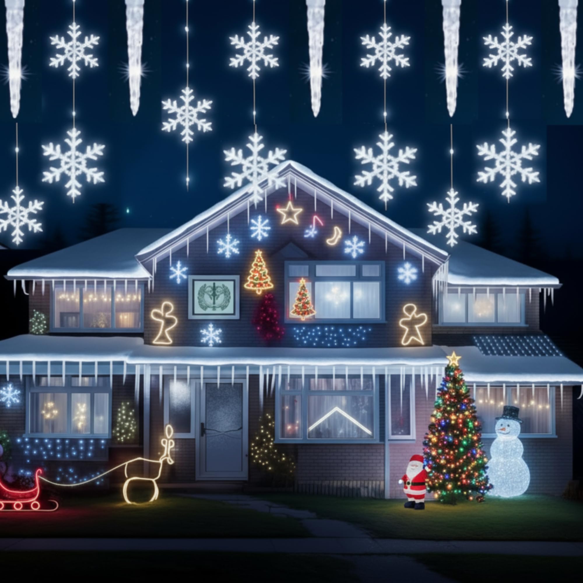 Glooglitter Rideau lumineux de Noël en forme de stalactites de 2,4 m, 129 LED pour extérieur, 19 gouttes, flocons de neige et stalactites pour jardin, cour, intérieur et extérieur
