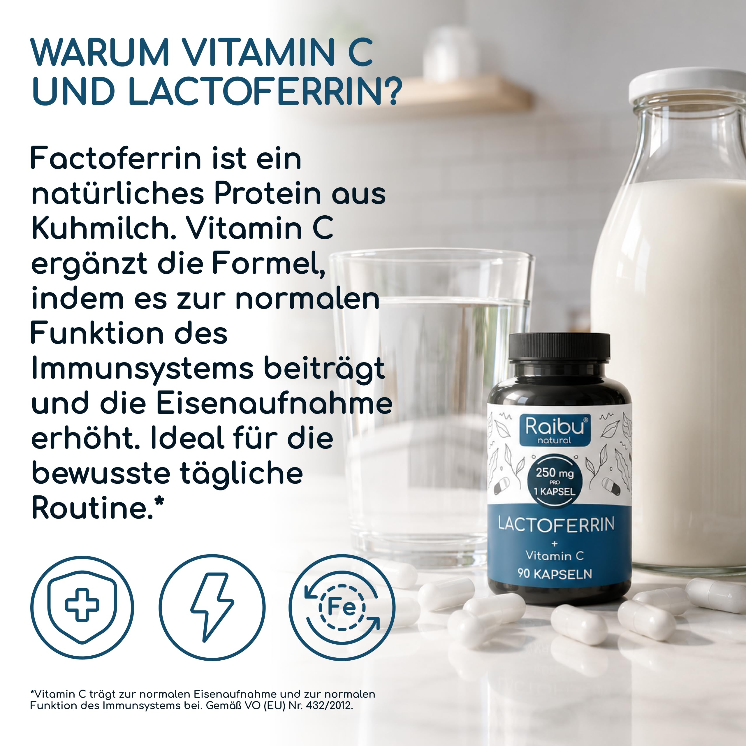 Lactoferrin 250 mg pro Kapsel - 90 Kapseln: 3 Monate Vorrat - mit 60 mg Vitamin C - für Eisenaufnahme & Immunsystem - hochdosiert mit >95% Lactoferrin - 1 Kapsel täglich, ohne Zusatzstoffe