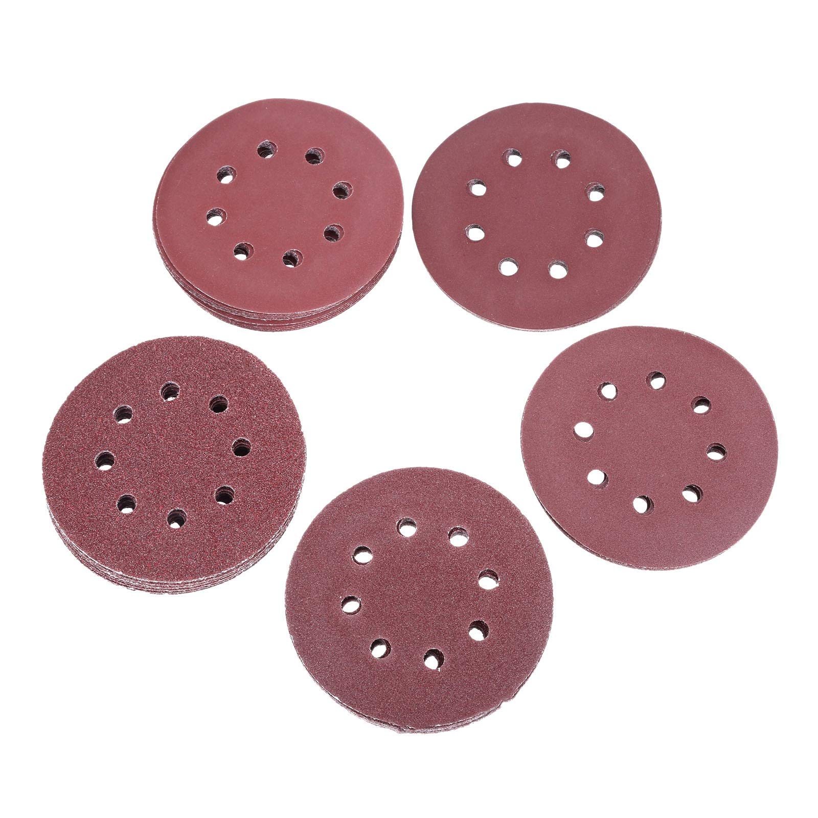 Papel de lija de lijadora 50pcs 5 pulgadas 125mm Ronda Discos de lijado pulido Hoja de papel de lija 8 Agujero de molienda for pulir 40-600 herramienta abrasiva Grit
