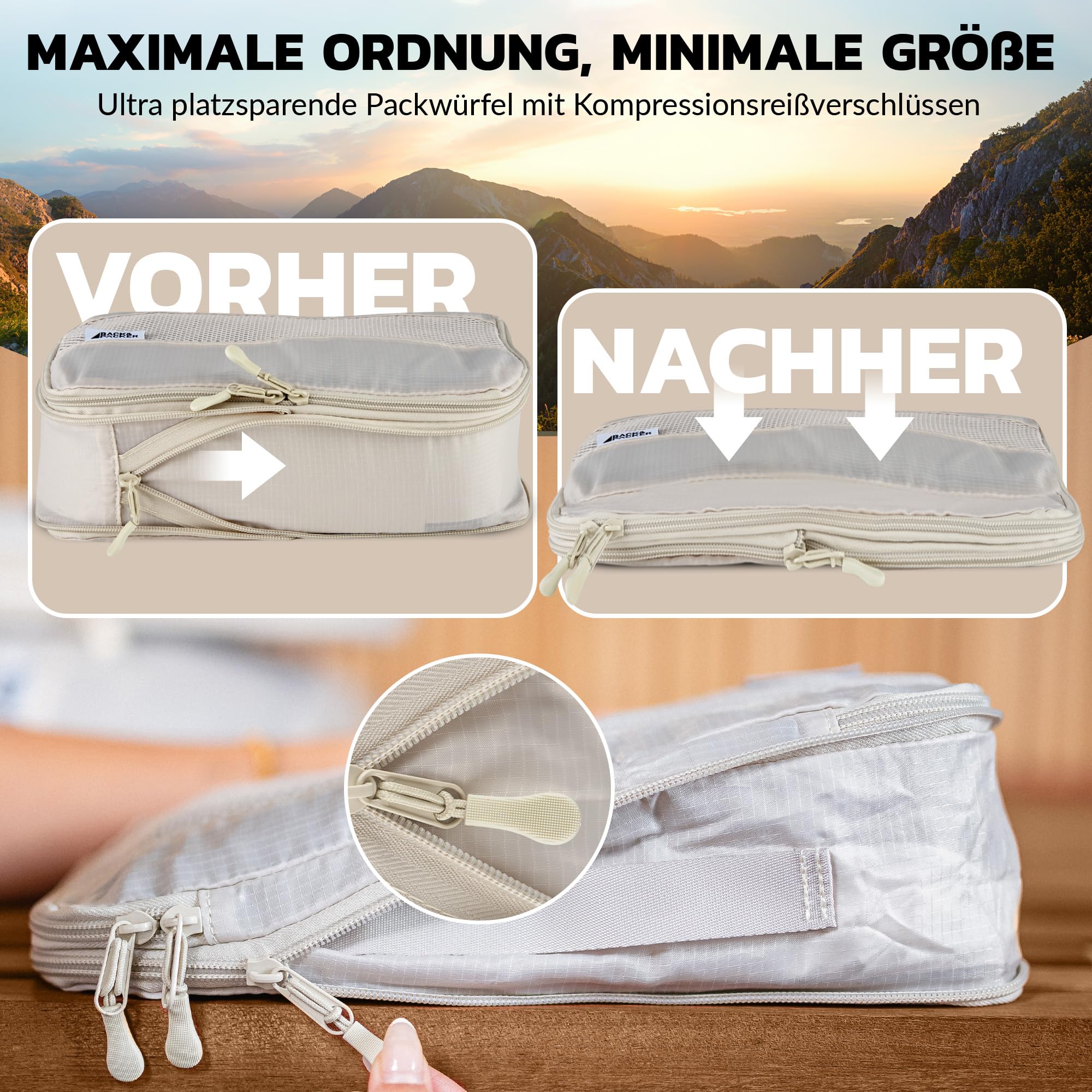 BACK&PACKER® Packing Cubes 4-częściowy zestaw toreb do pakowania z materiału pochodzącego z recyklingu - lekki organizer do plecaka i walizki - w zestawie kostki do pakowania na mokre pranie i worek