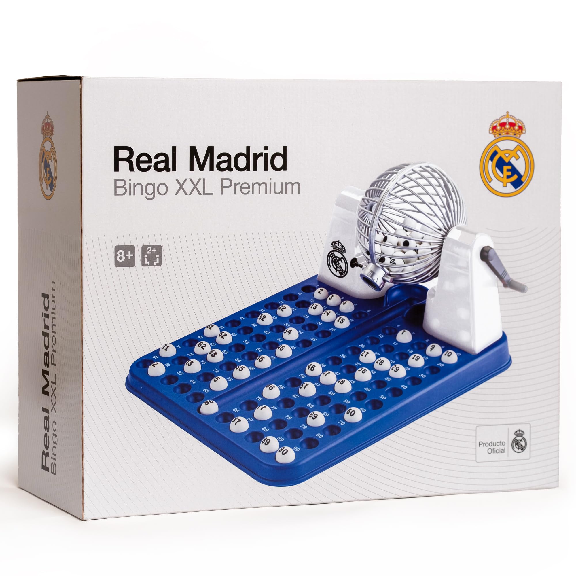 Falomir - Bingo XXL Premium Real Madrid – Juego de Bingo Familiar con Bombo Automático | Producto Oficial Real Madrid | 90 Bolas Imborrables y 72 Cartones Reutilizables | +8 Años | Regalo Real Madrid