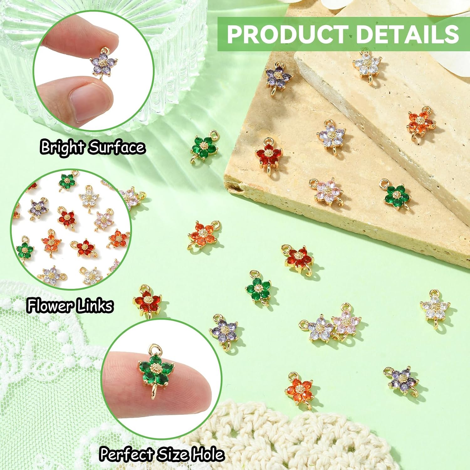 LiQunSweet 20 Pcs Cherry Blossoms Flower Links Charms Brass Pave Cubic Zirconia Floral Connector Charms for DIY Jewelry Bracelet Necklace Earring Craft