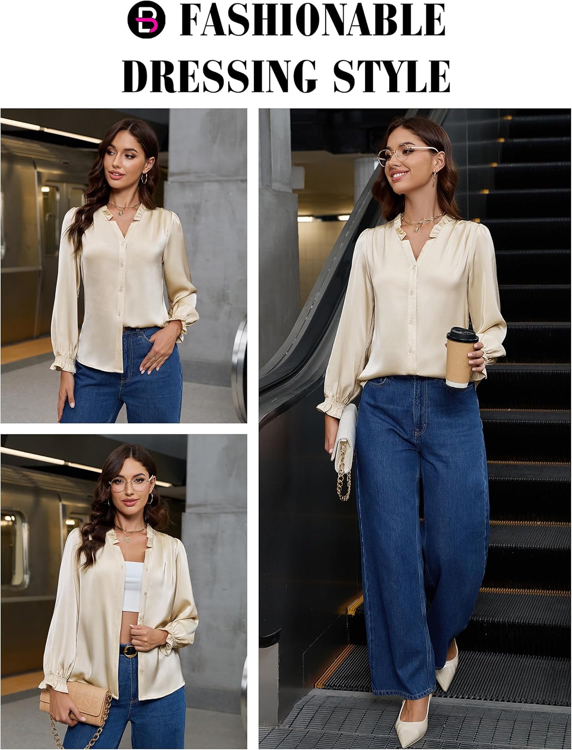 Blooming Jelly Womens Silk Button Down Shirts Dressy Business Casual Blouses Long Sleeve Fall Outifis 2025 Trendy - Image 5