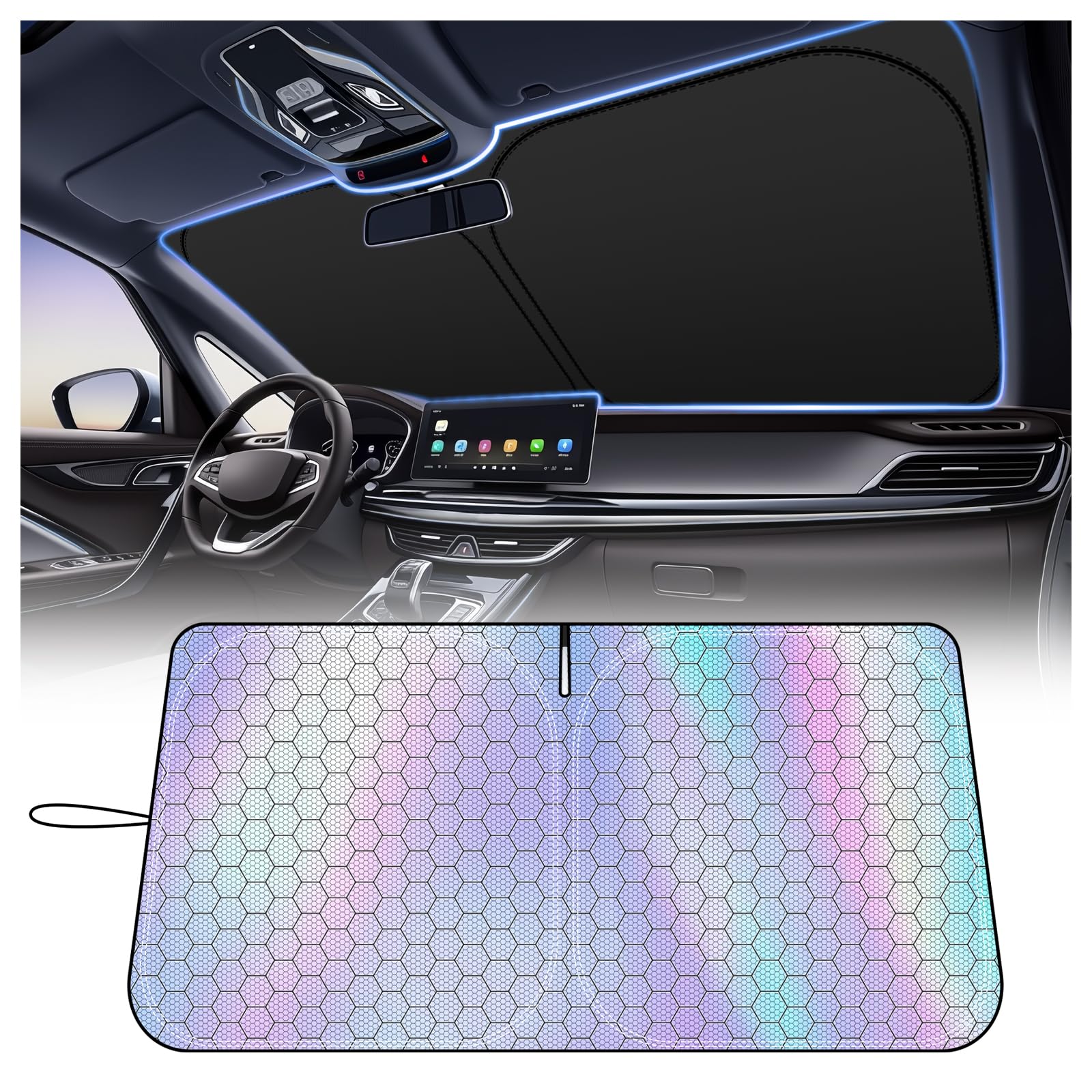 Photo 1 of 2026 Upgraded Car Windshield Sun Shade,57.48 * 32.68" Radium Reflective Sun Shade for Car Windshield Blocks Sunlight & Lowers Temperatures,Foldable Cars Suns Shades Kit with Storage Bag