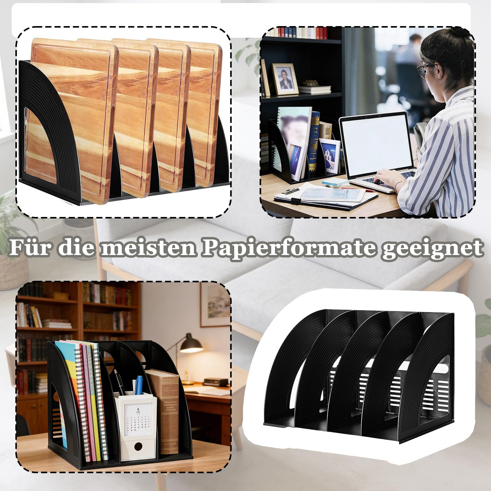 Archivador de Revistas 4 Compartimentos Vertical Plegable Negro