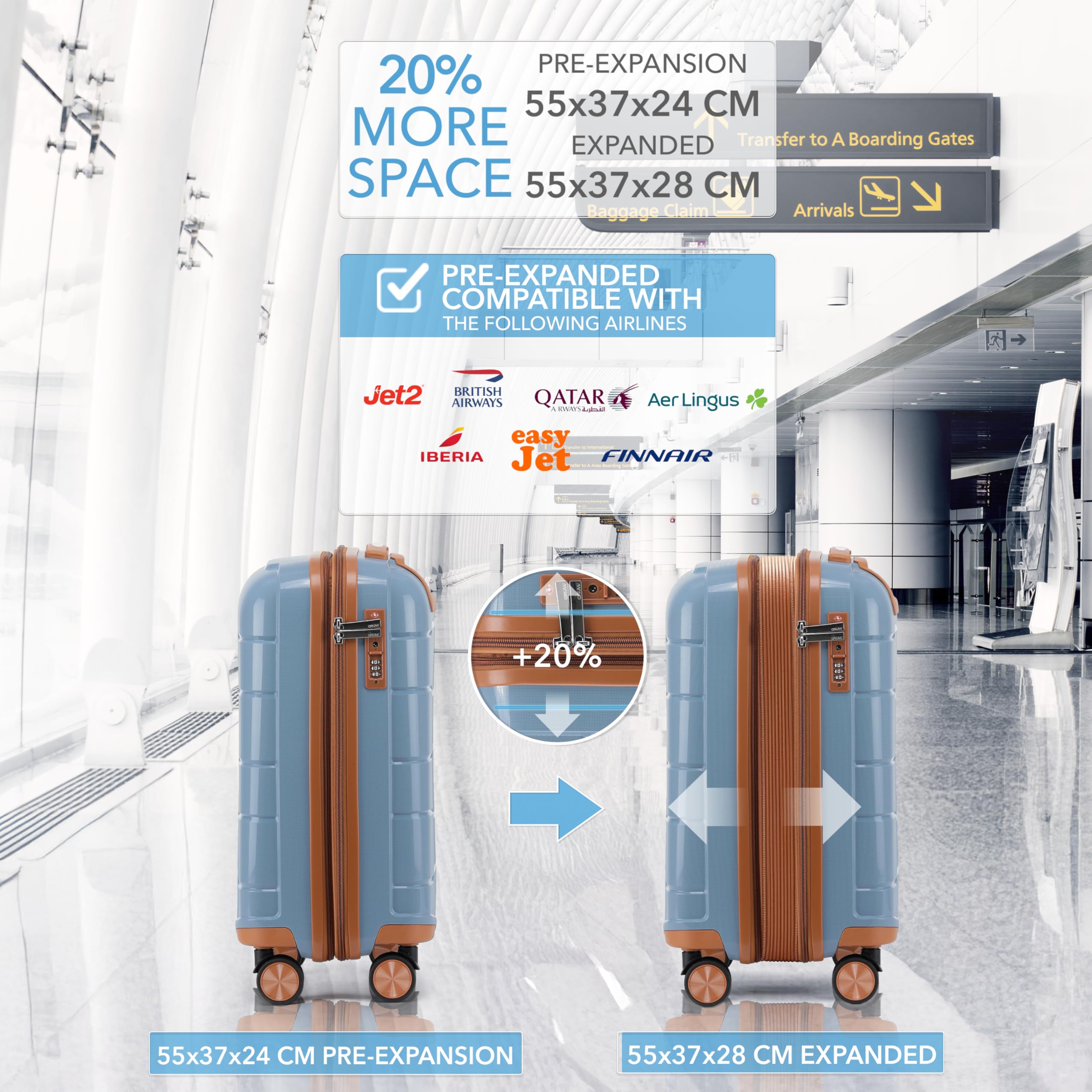 Bagaglio a Mano, Serratura TSA Approvata, Ruote Doppie Spinner Silenziose Espandibile Valigia Leggera – Una volta Espansa 56x45x25 cm, Limite Cabina per easyJet, BA, Jet2 e altre compagnie