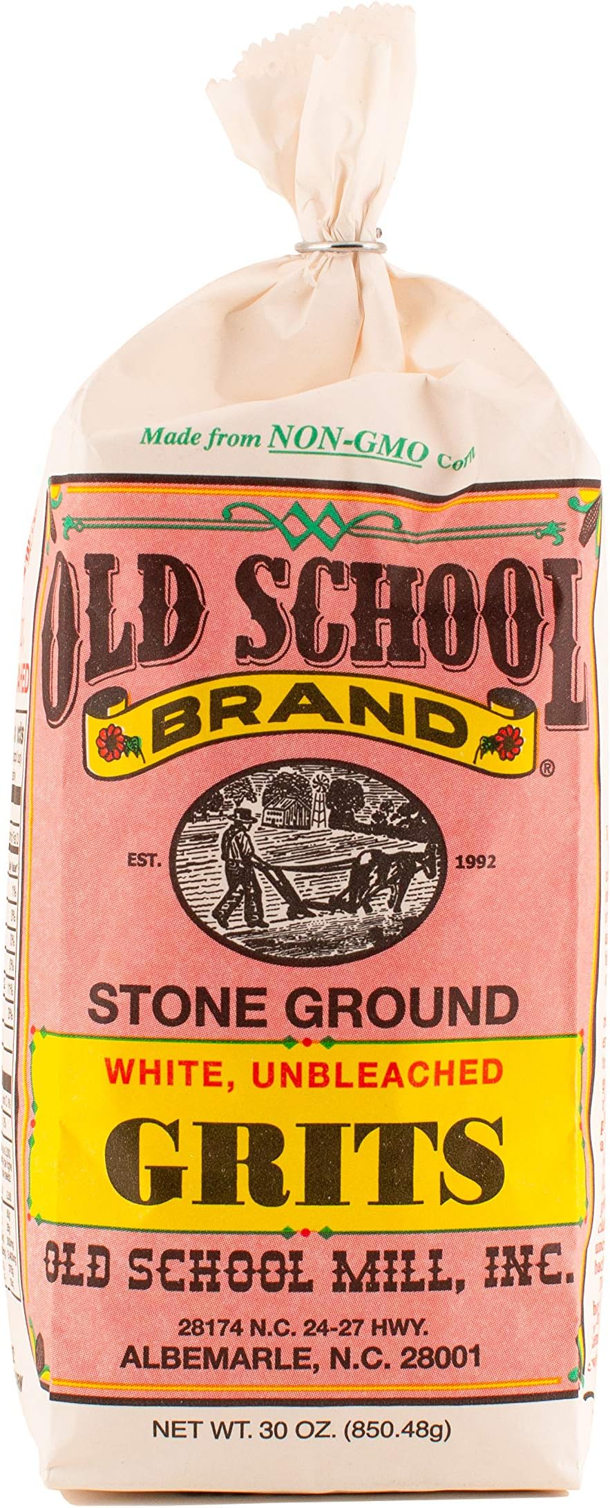 Old School Brand Stone Ground White Corn Grits | Non-GMO, Gluten Free, Medium-Coarse Ground | Southern Style Breakfast Grits, Made in USA, 30 ounces
