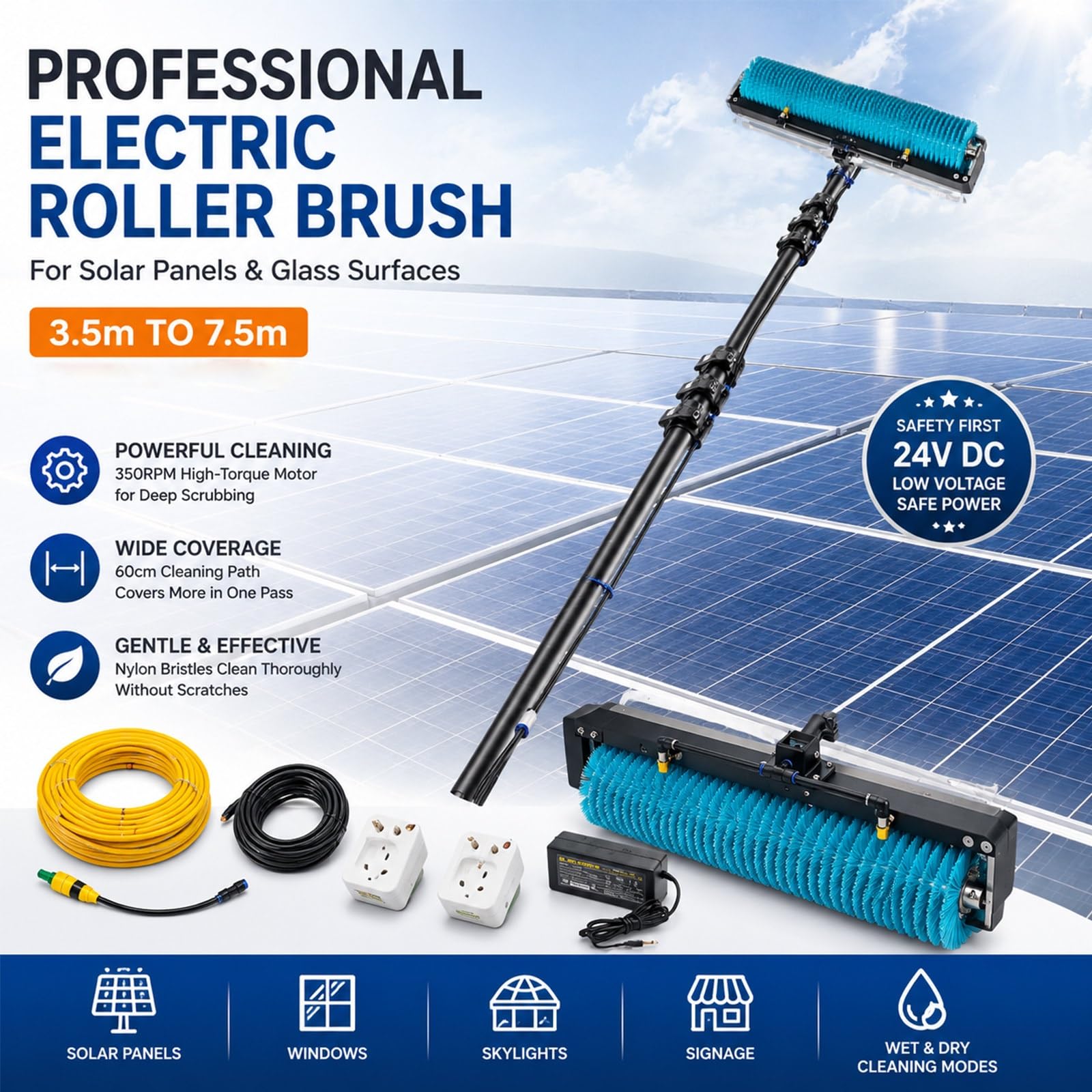 Equipo Limpieza Solar, Motor 350RPM, Cepillo Giratorio 60cm, Pértiga Telescópica 3,5m-7,5m, Dispositivo Mantenimiento PV Uso Profesional(5.5m)