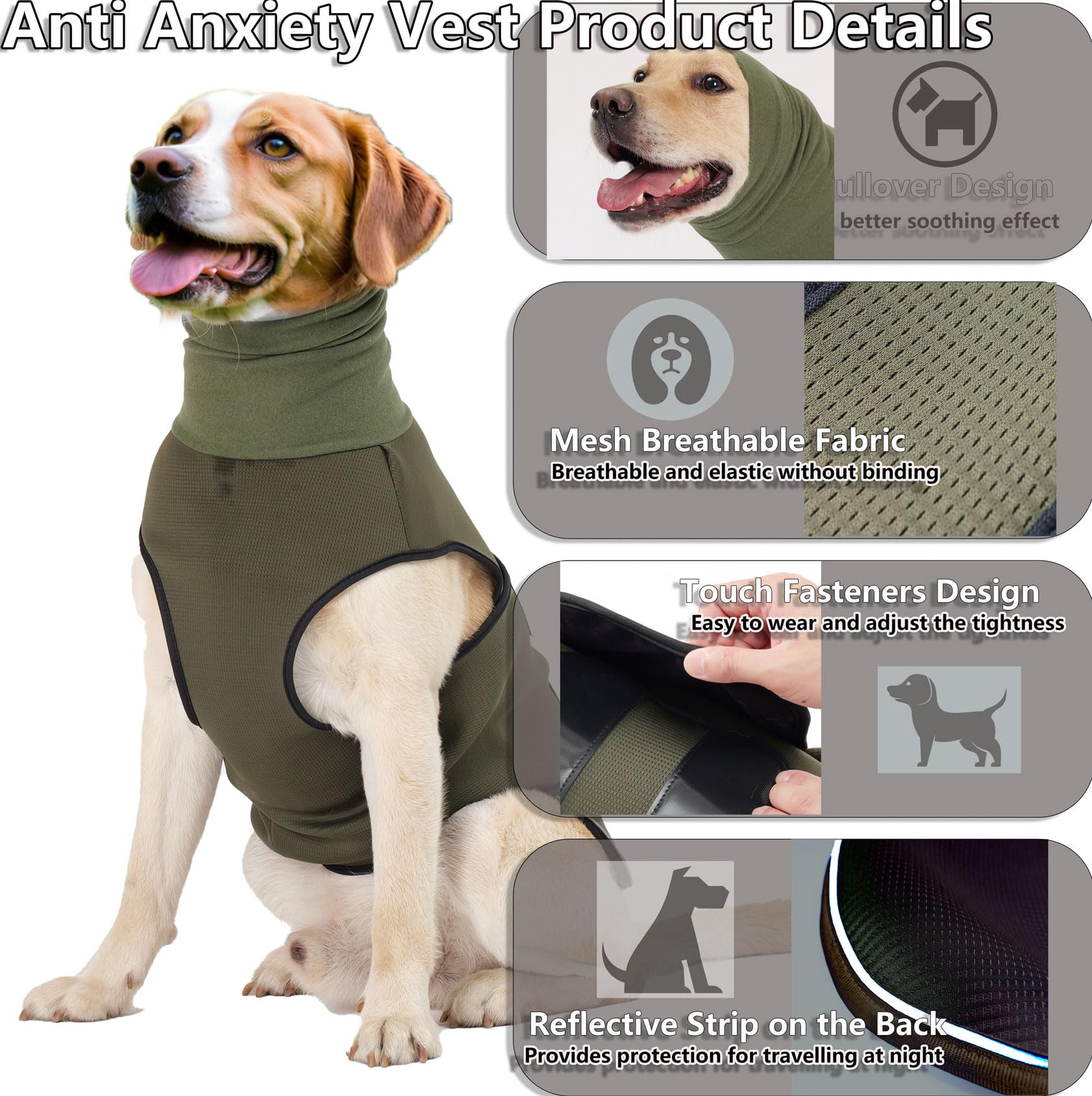 Cappotto Anti Ansia per Cane con Copricapo Cappelli Giacca per Ansia per Cani Mesh Traspirante Cinghia con Chiusura a Strappo Regolabile Strisce Riflettenti Calmare L'ansia del Cane (Olive XS)
