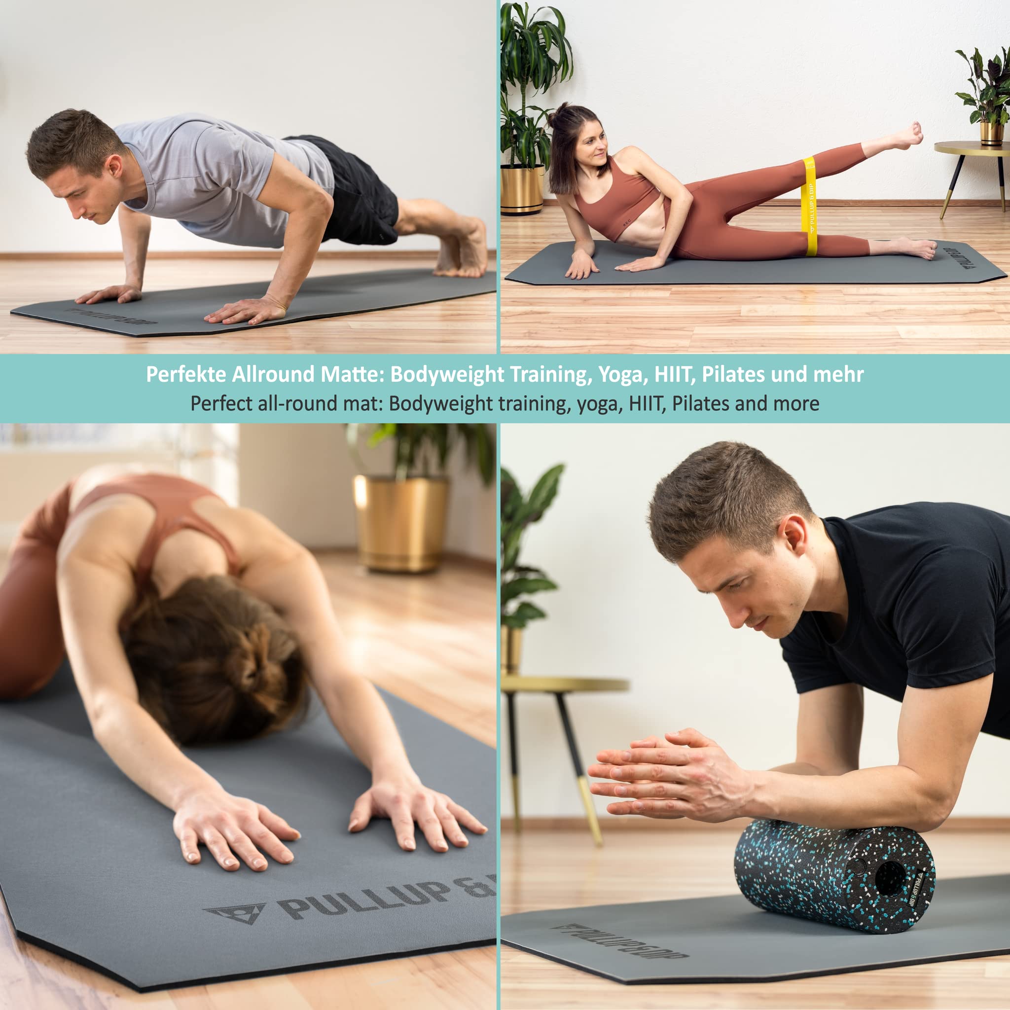PULLUP & DIP Fitnessmatte mit Halteband – phthalatfreie und hautfreundliche Yogamatte 183 x 68 x 0,8 cm, Zweischichtige Gymnastikmatte rutschfest und gelenkschonend für Pilates, Heimtraining