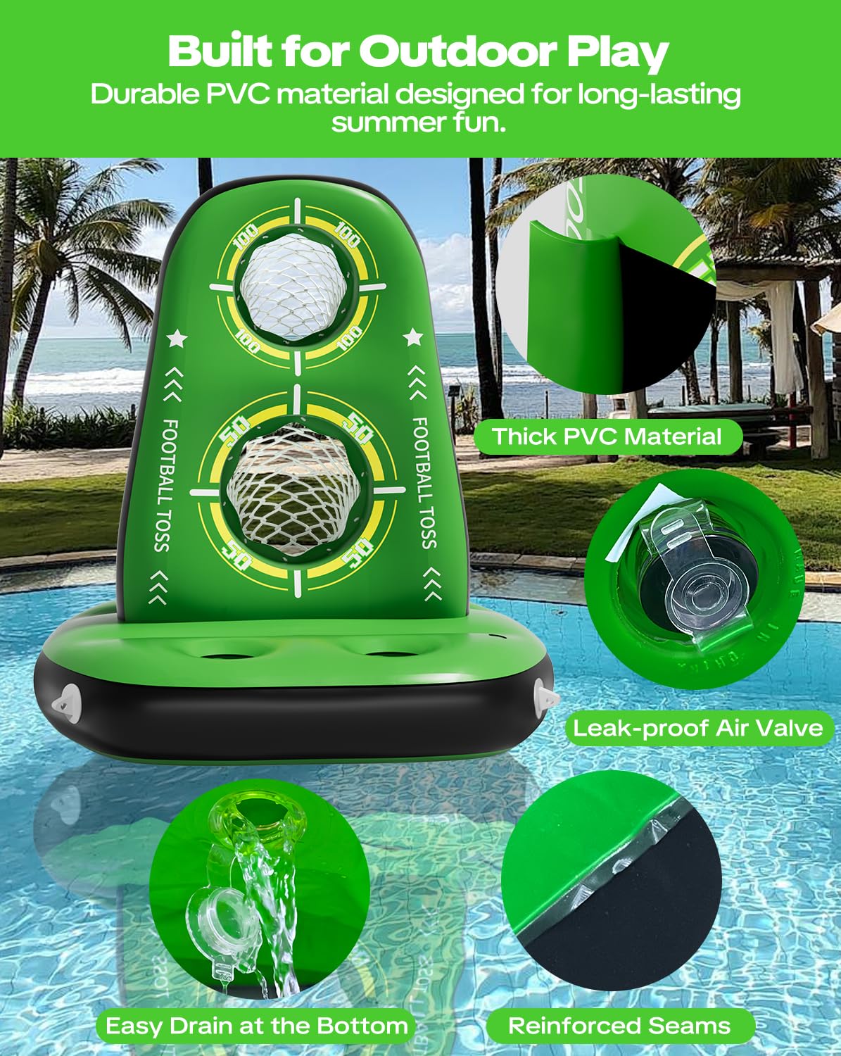 Juegos inflables de lanzamiento de fútbol para piscina, objetivo de fútbol acuático con 4 bolas y 2 bombas, base estable y diseño de doble red, juguetes de piscina al aire libre para niños y