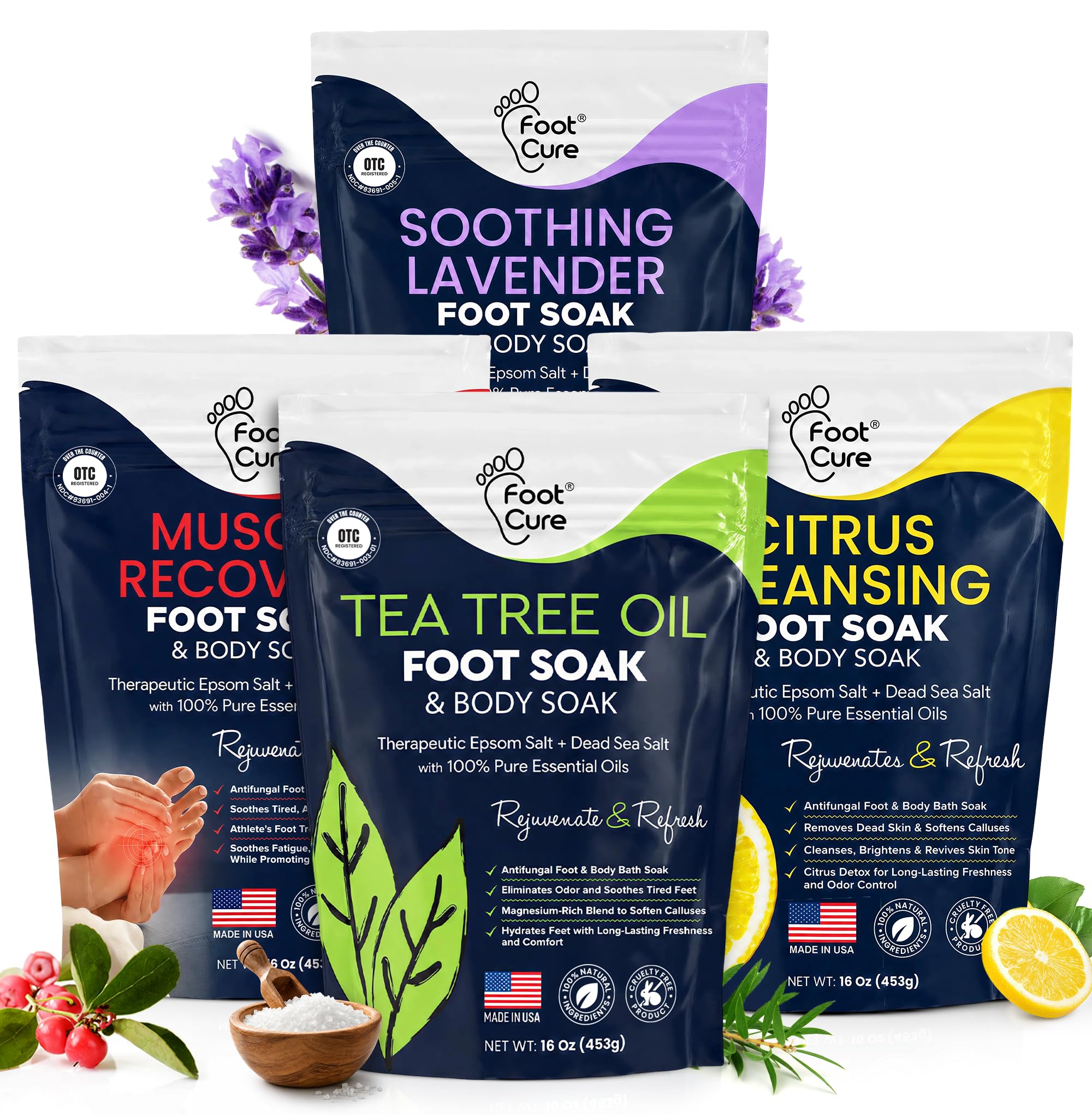 Tea Tree, Muscle Recovery, Citrus Detox, Soothing Lavender Foot Soak