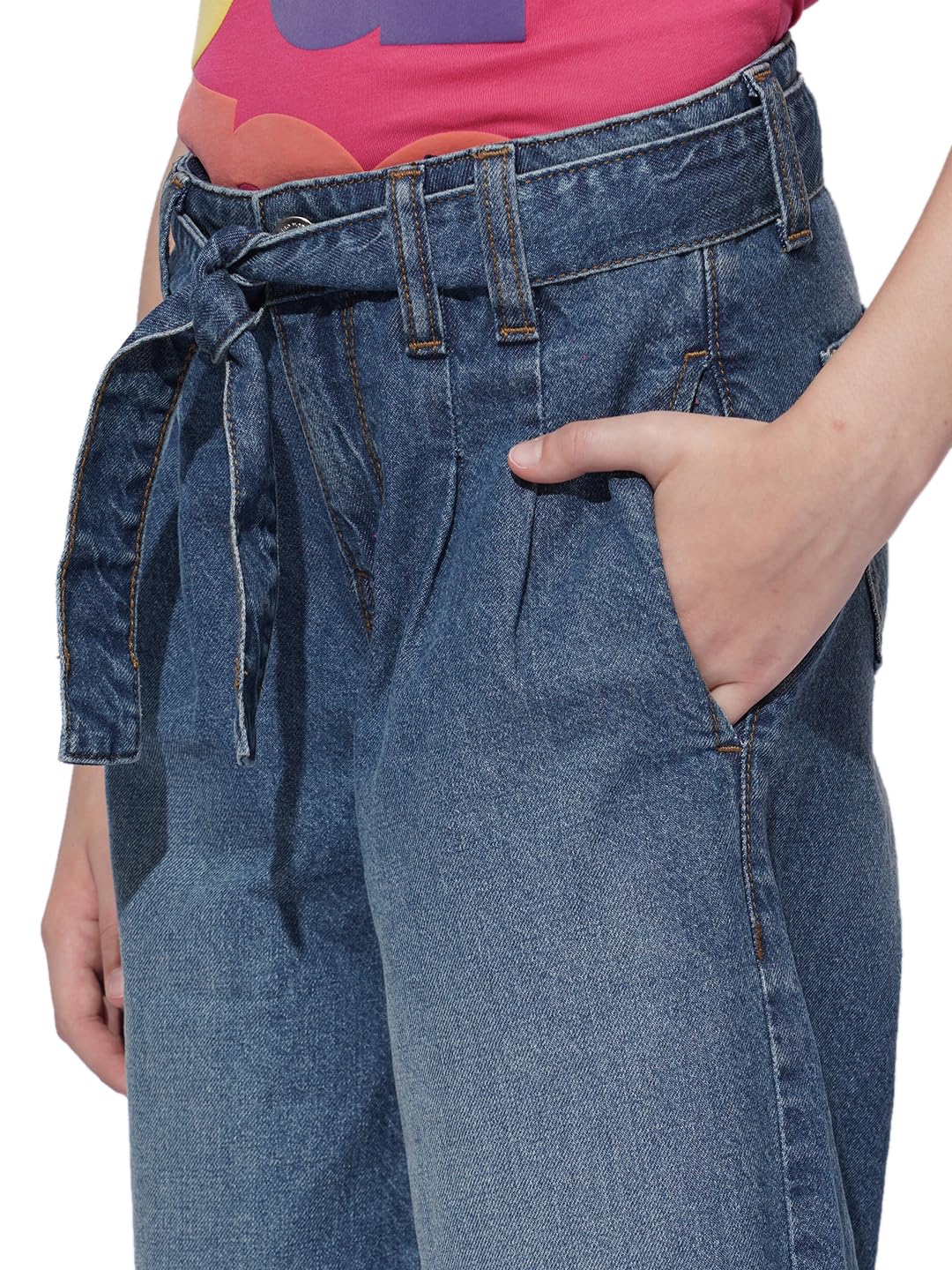 VERO MODA Girl Denim Cotton Blend Wide Leg High Rise Blue Jeans with Belt 2