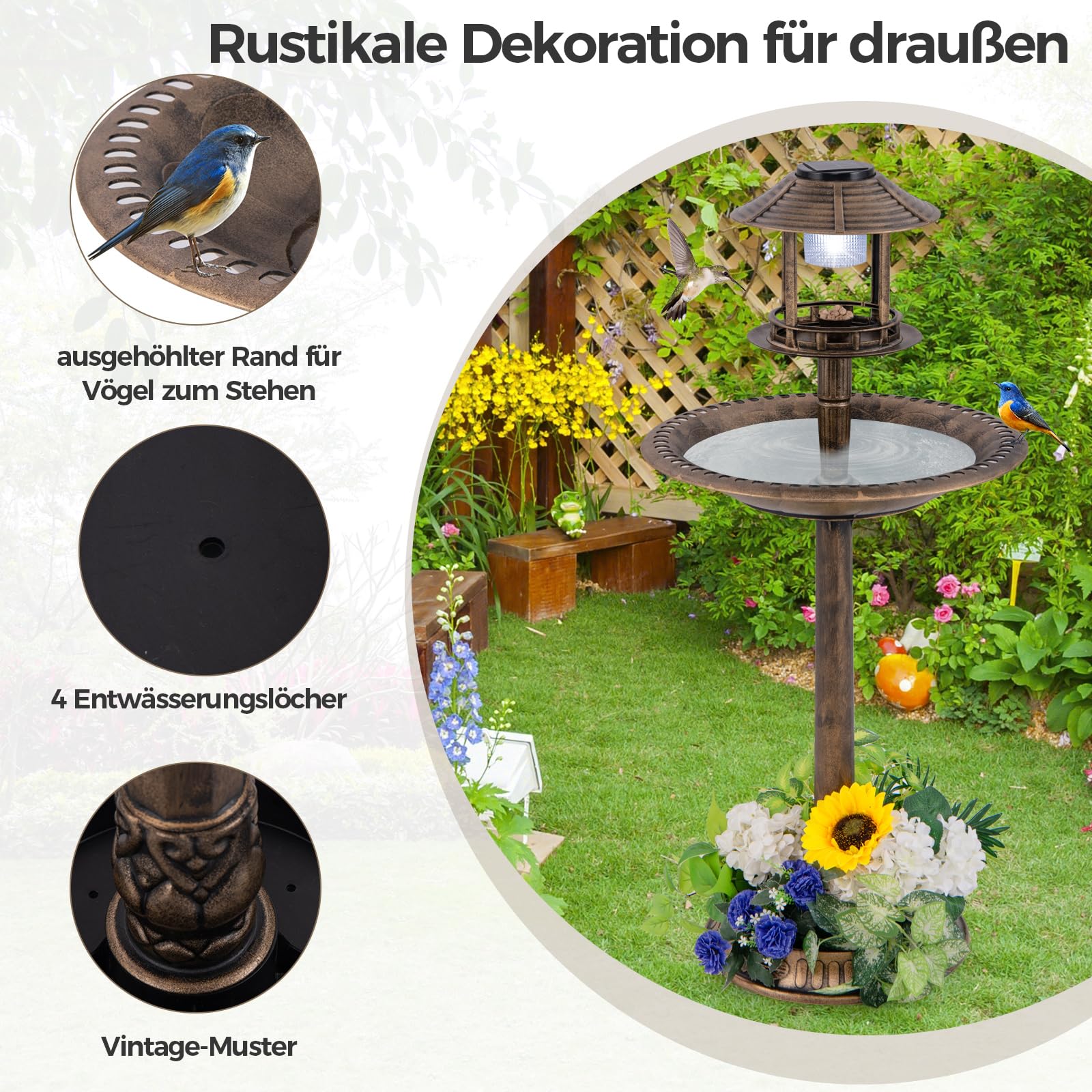 GYMAX Vogeltränke stehend mit Solarleuchte, Vogelbad Garten mit Blumenkübel & befüllbarem Ständer, Wasserschale Vögel, Futterstation für Balkon & Garten, Nr. 1 Antikbronze