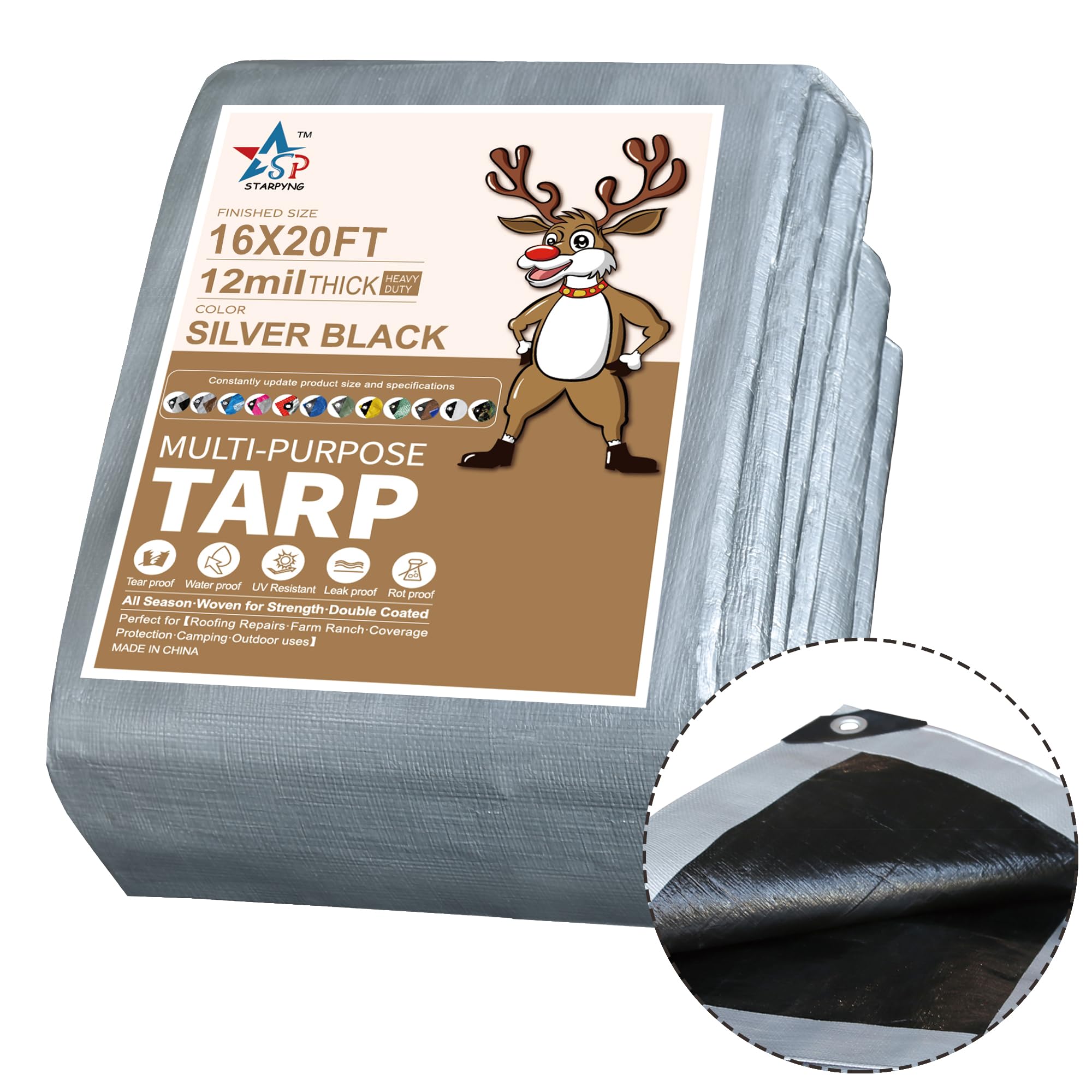 Photo 1 of STARPYNG-12 Mil Silver/Black 16x20 Feet Tarp-Heavy Duty Poly Tarp-Cover,Waterproof, UV Resistant, Weather Resistant, Cover Cars, Boats, Courtyards,Camping