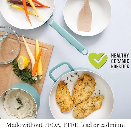 Miniatura 4 de Martha Stewart Emmeline - Juego de ollas y sartenes de aluminio esmaltado de calibre pesado, antiadherentes, sin PFA, 12 piezas, color verde azulado