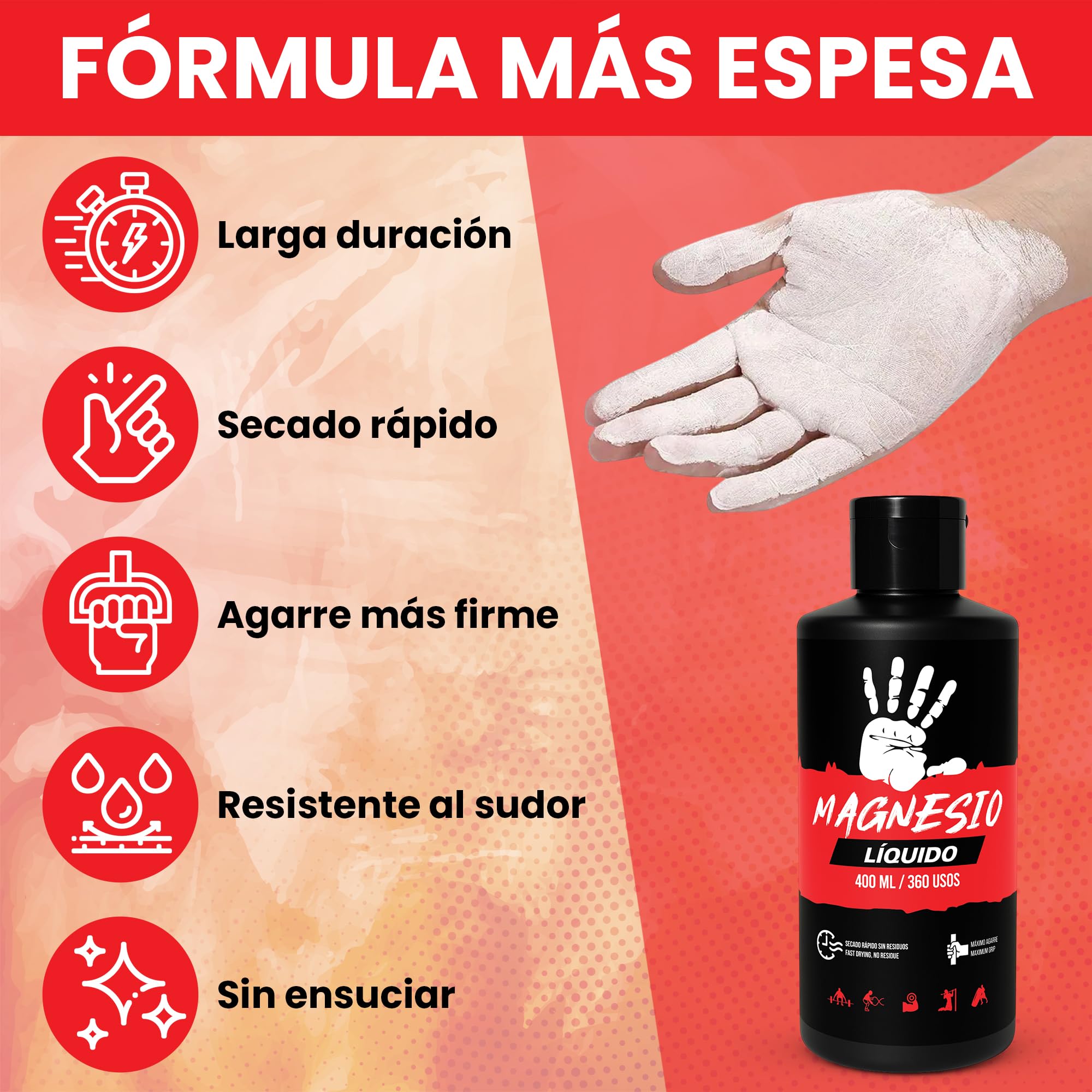 Magnesio Líquido 400ml | 360 Usos Reales | Agarre Crossfit, Escalada, Calistenia, Halterofilia | Máximo Rendimiento | Secado Rápido | Sin Residuos | Chalk Profesional