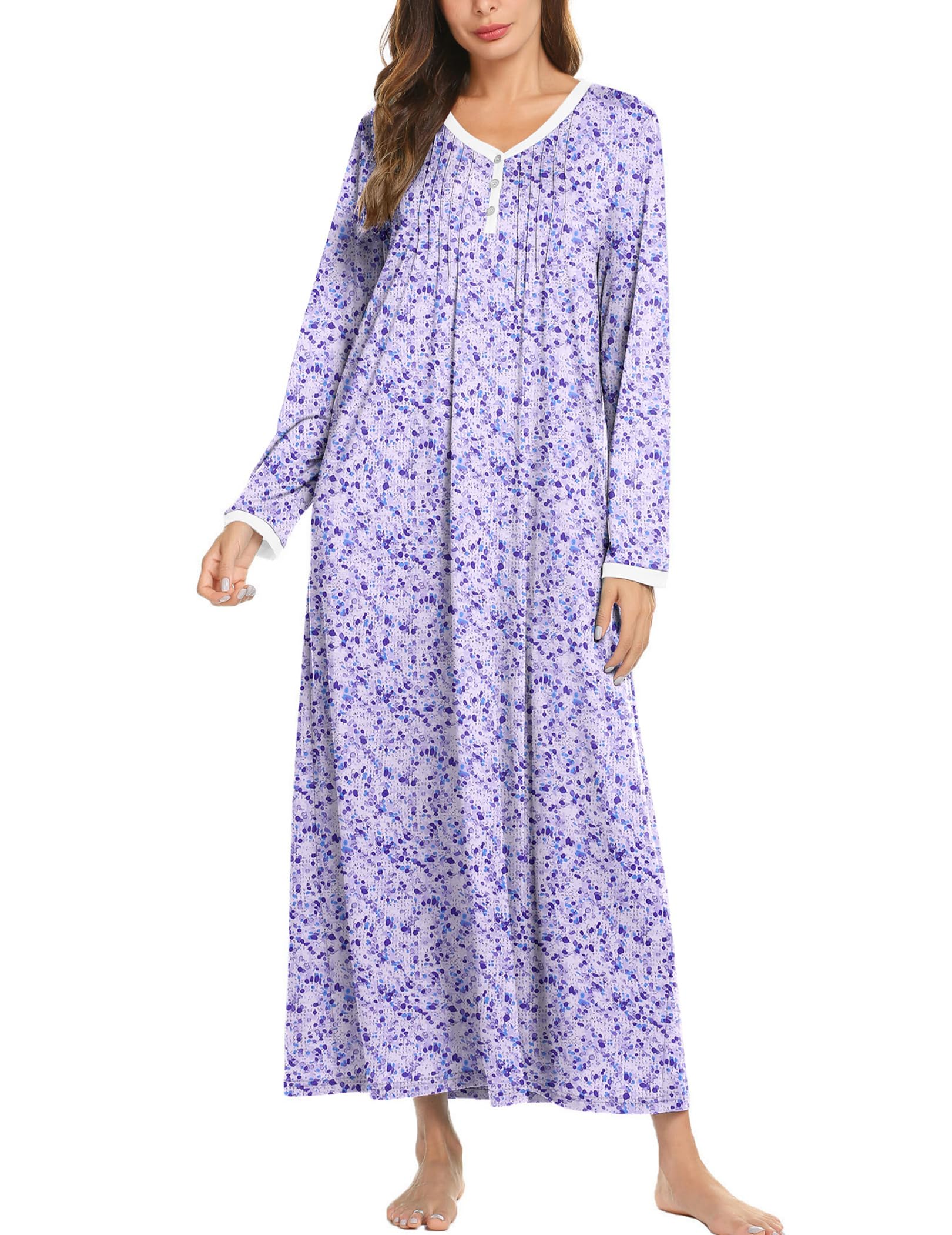 Ekouaer Long Sleeve Button Night Gown